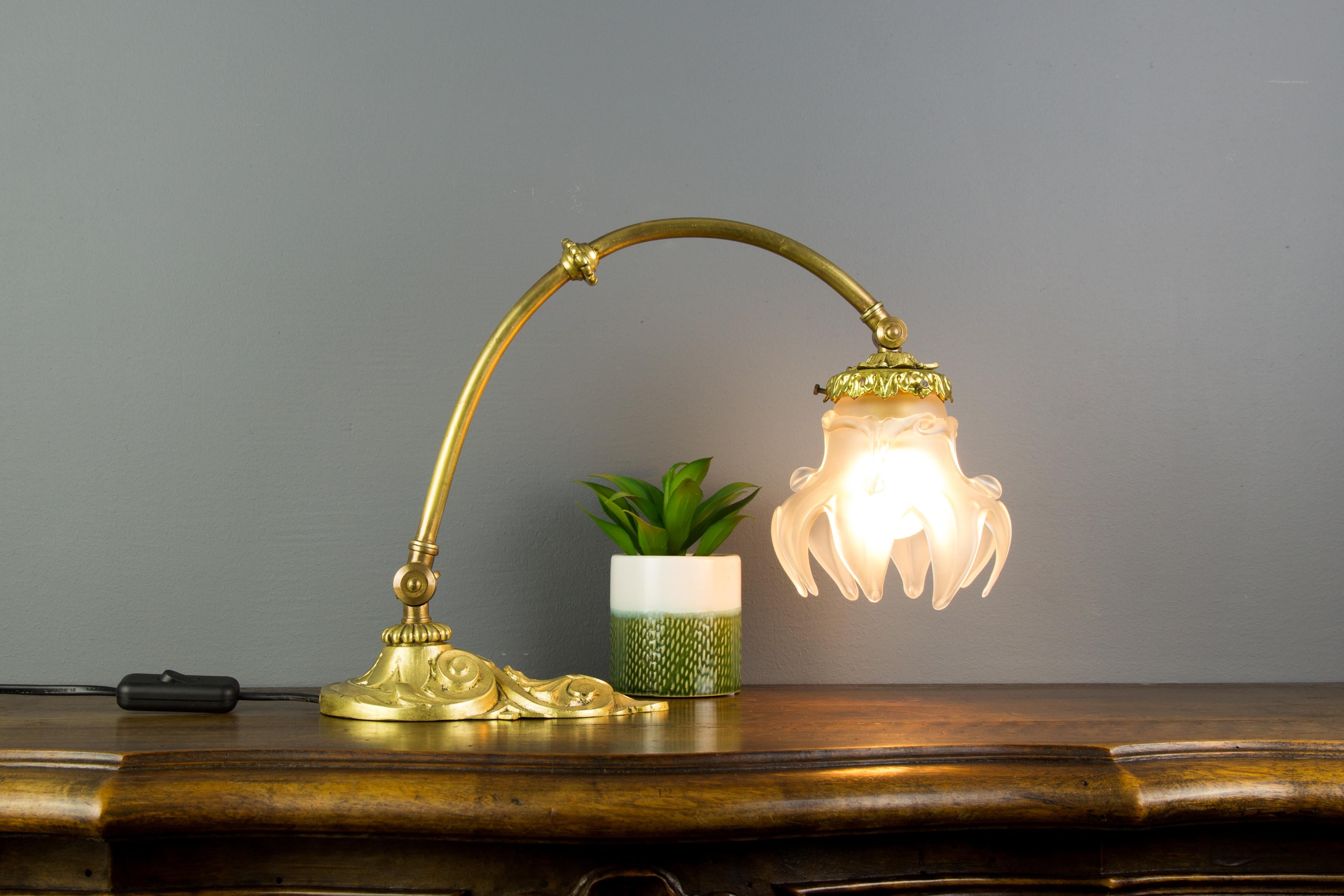 French Bronze Table or Wall Lamp with Frosted Glass Shade, 1930s 4