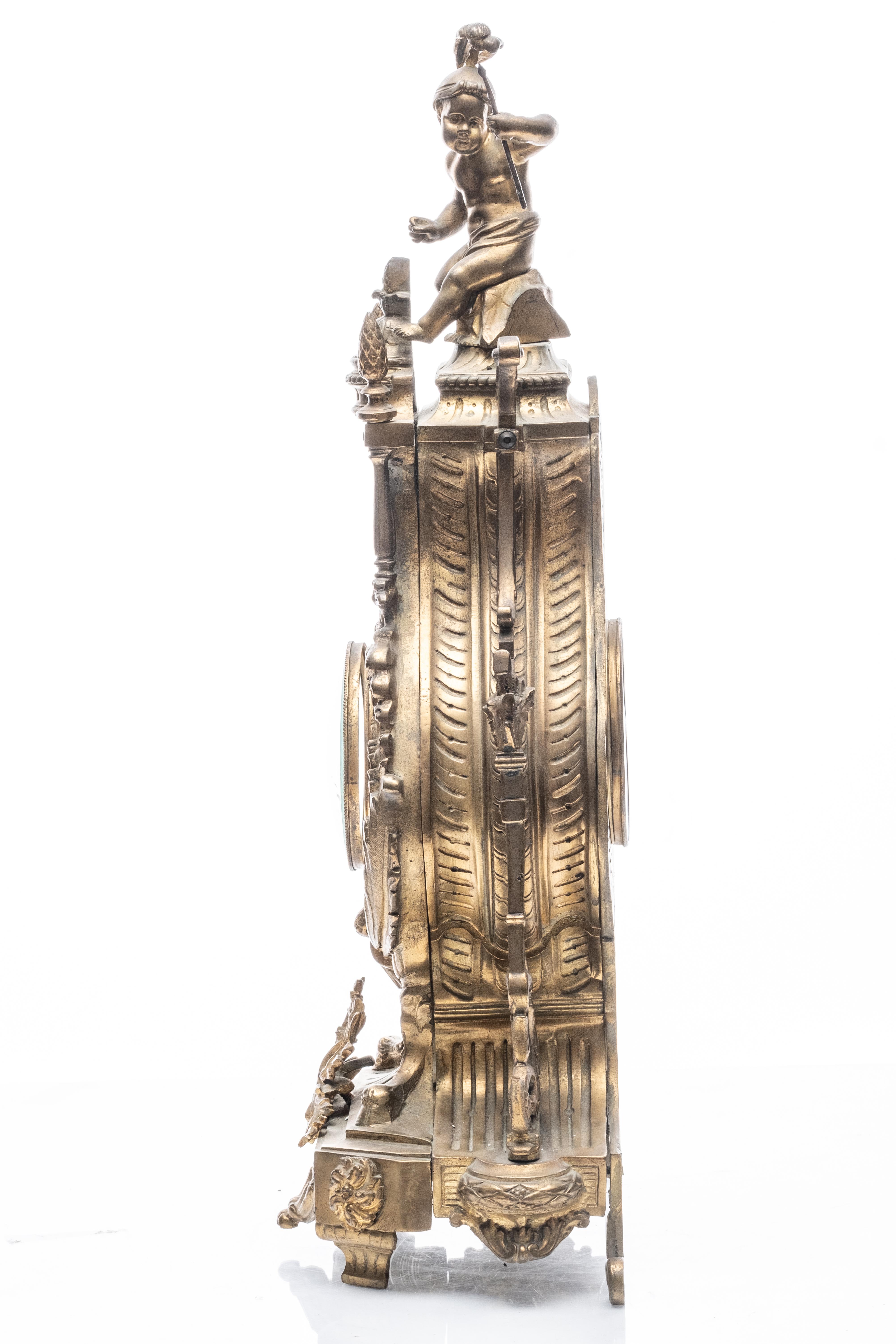 French Bronze Tall Mantel Clock Lyre Form Surmounted by Cupid Figure In Good Condition For Sale In Kingston, NY