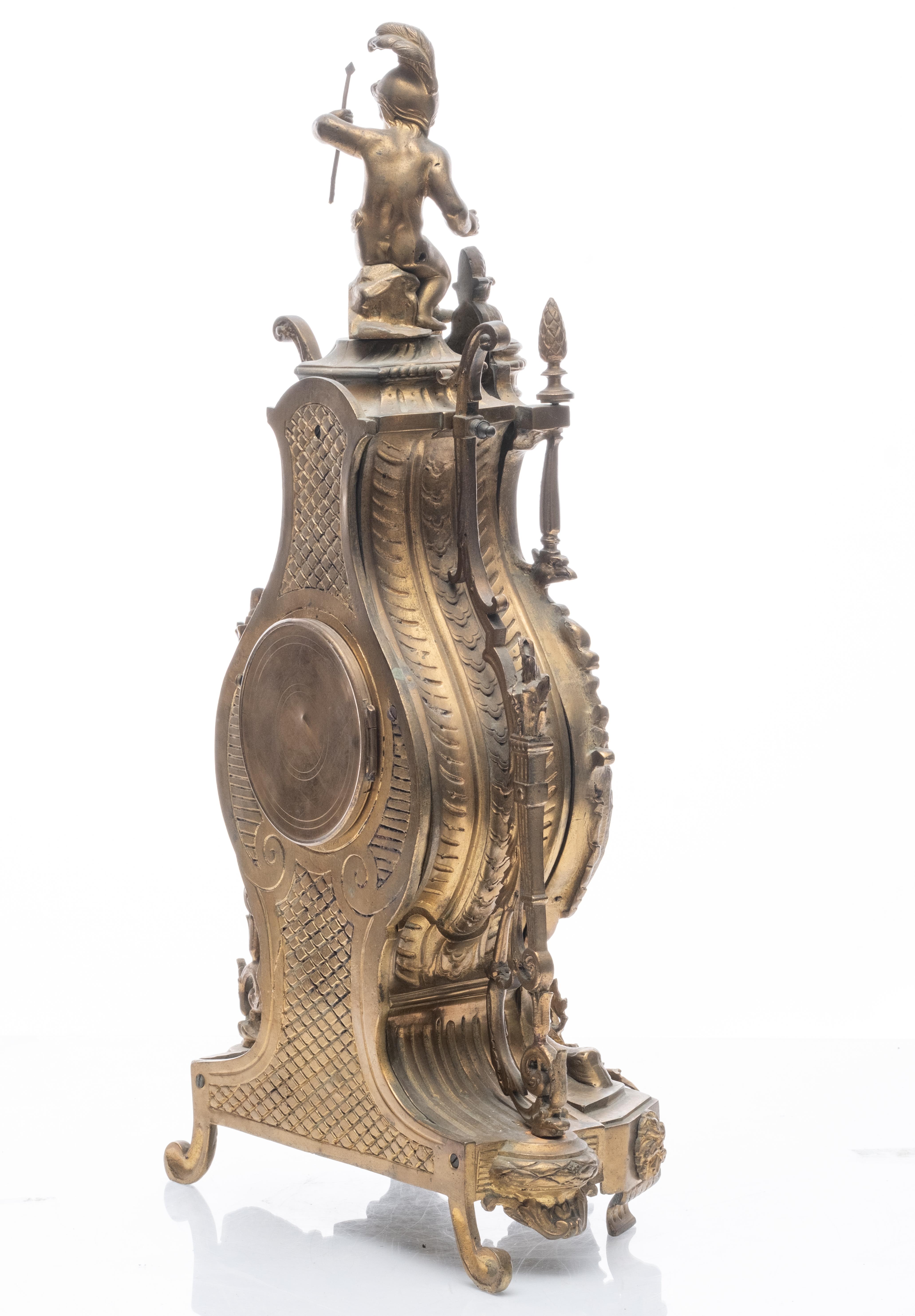 French Bronze Tall Mantel Clock Lyre Form Surmounted by Cupid Figure For Sale 1
