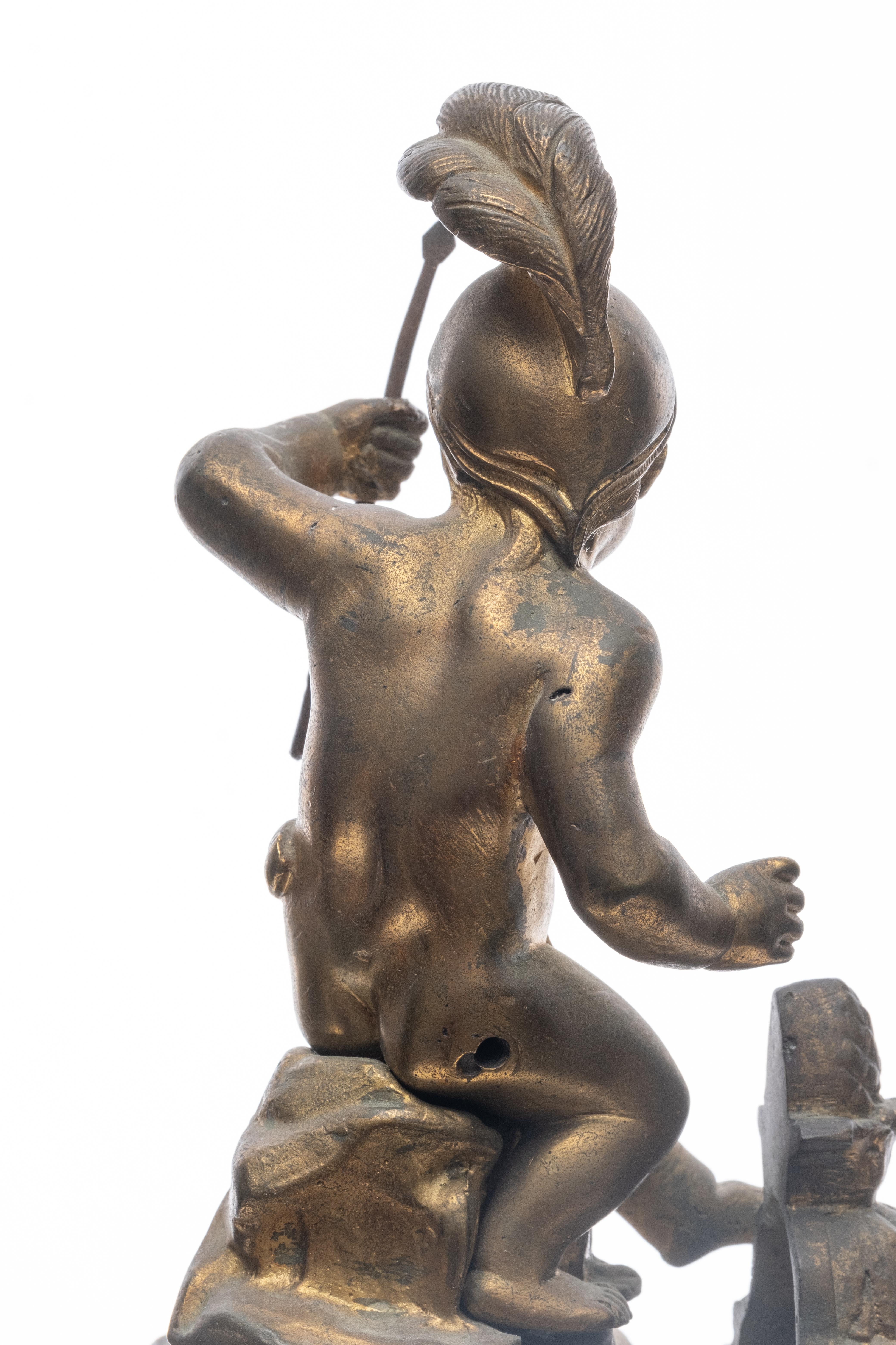 French Bronze Tall Mantel Clock Lyre Form Surmounted by Cupid Figure For Sale 2