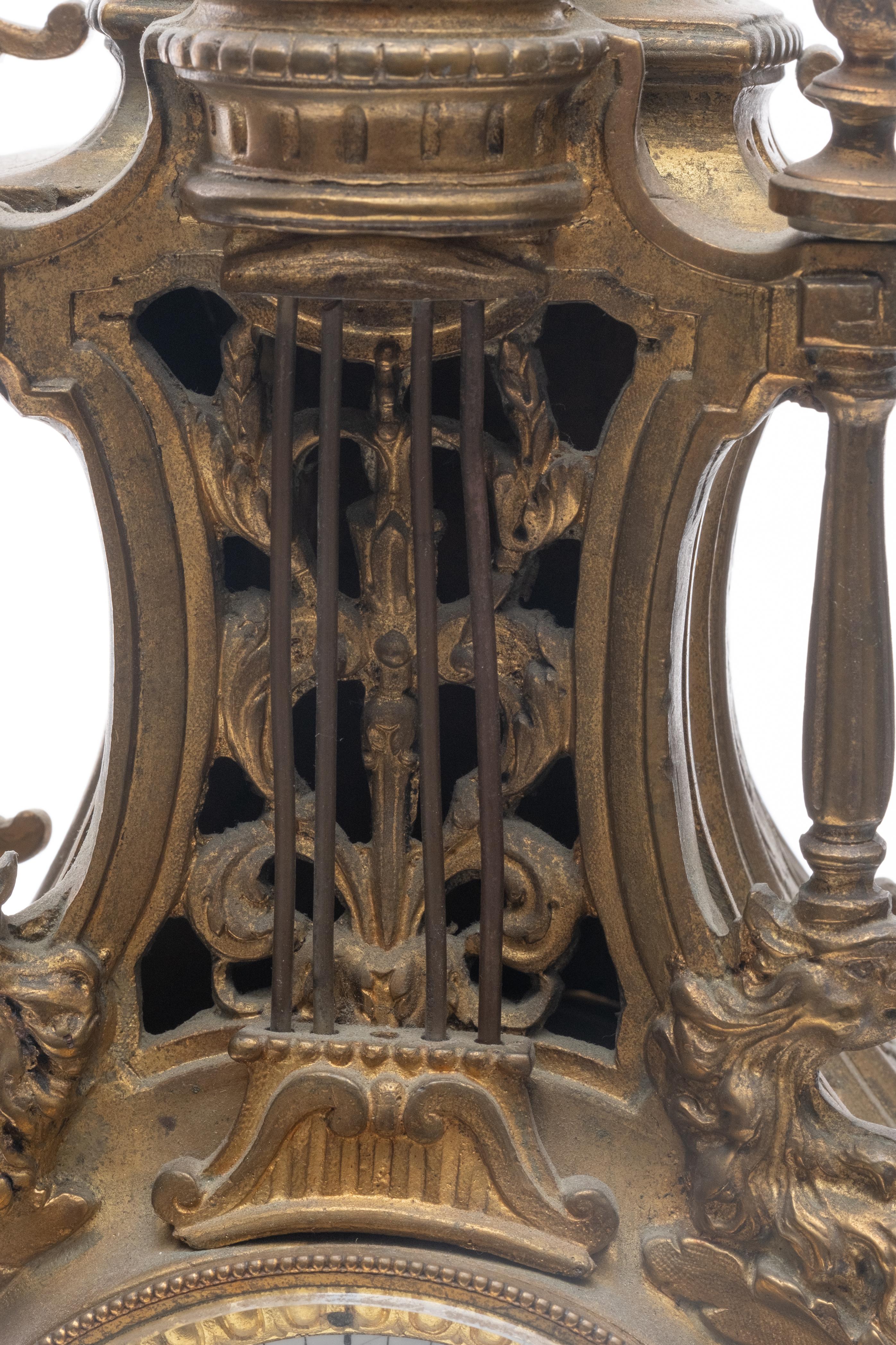 French Bronze Tall Mantel Clock Lyre Form Surmounted by Cupid Figure For Sale 5