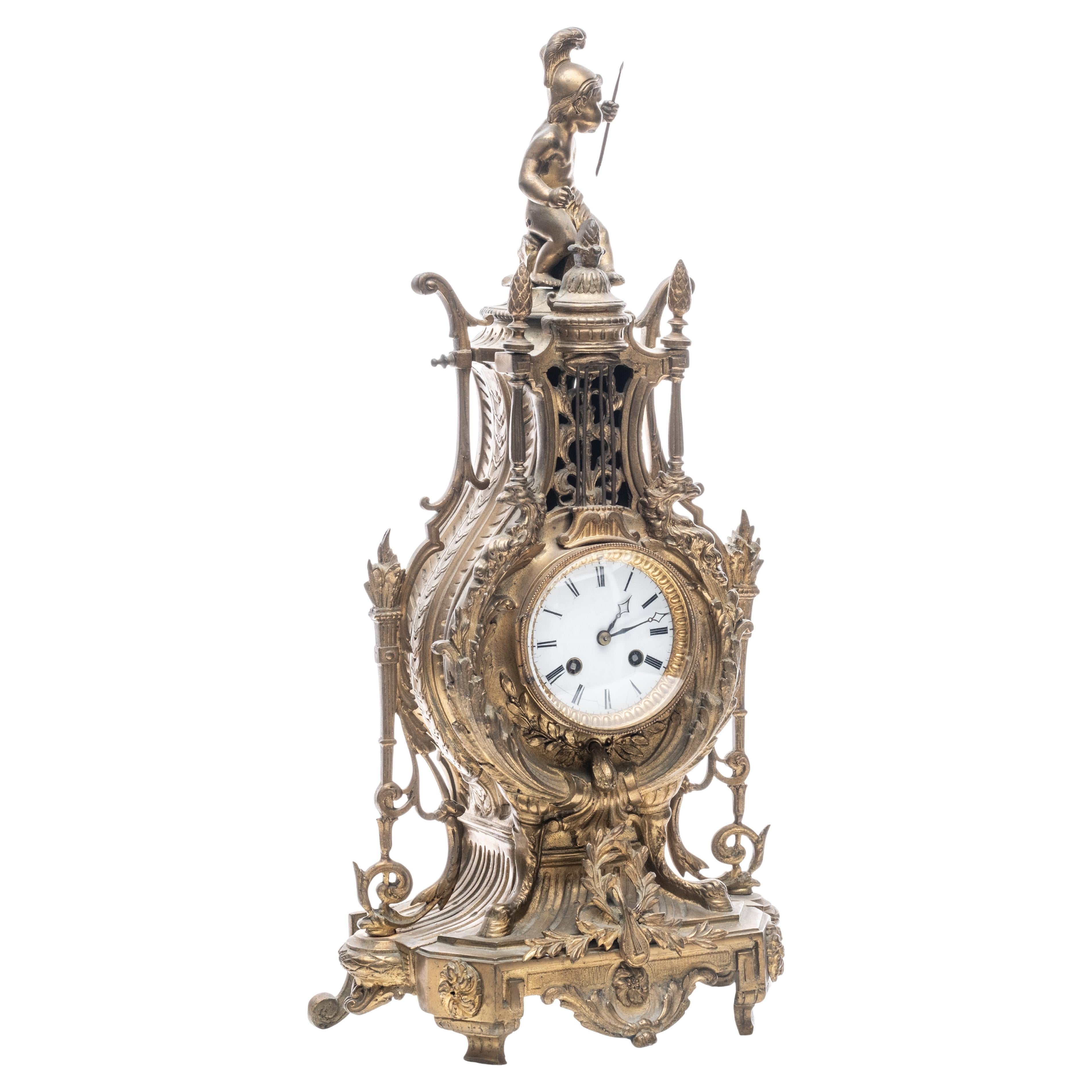 French Bronze Tall Mantel Clock Lyre Form Surmounted by Cupid Figure For Sale