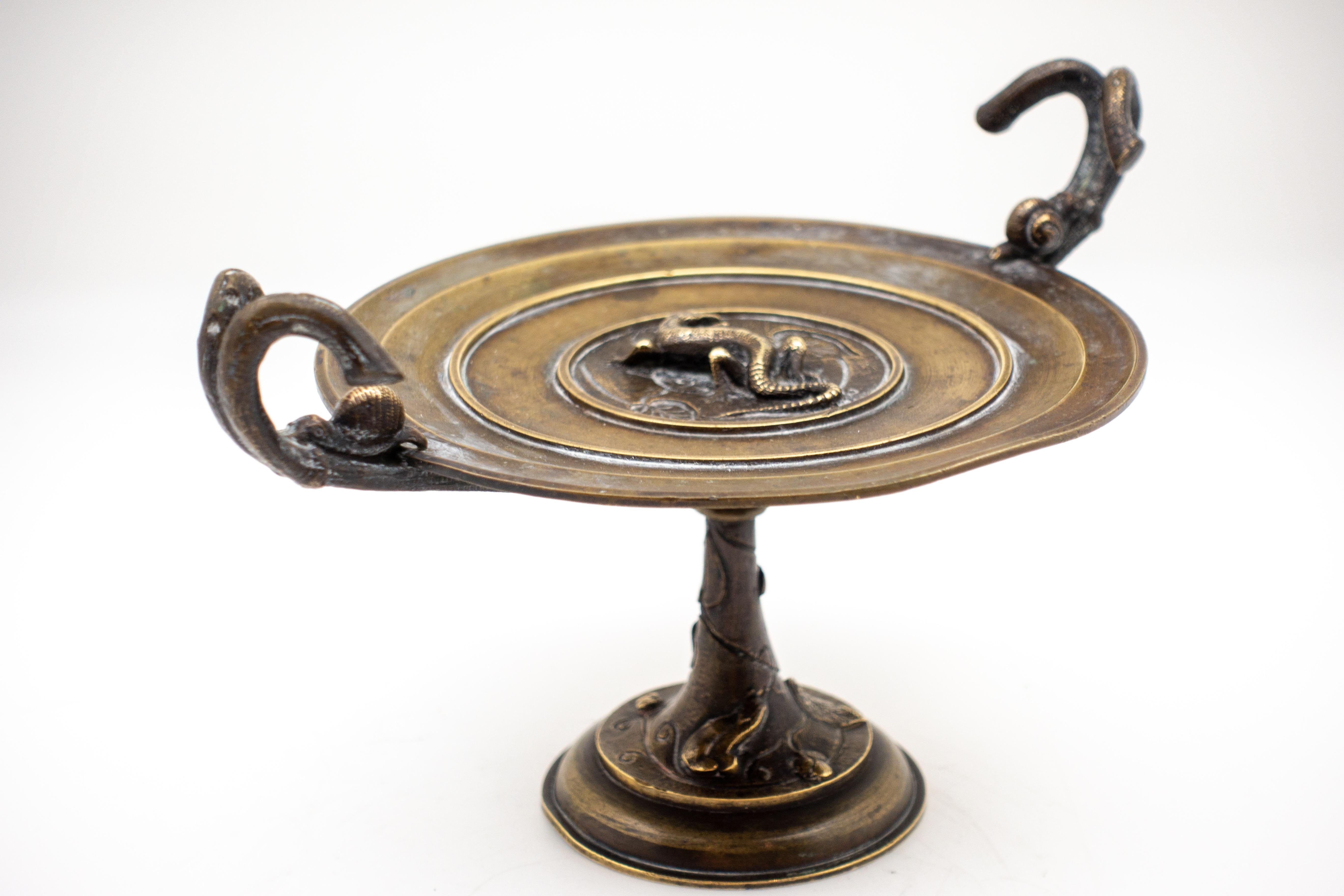 19th century Tazza with reptile, snails and leaf decoration.