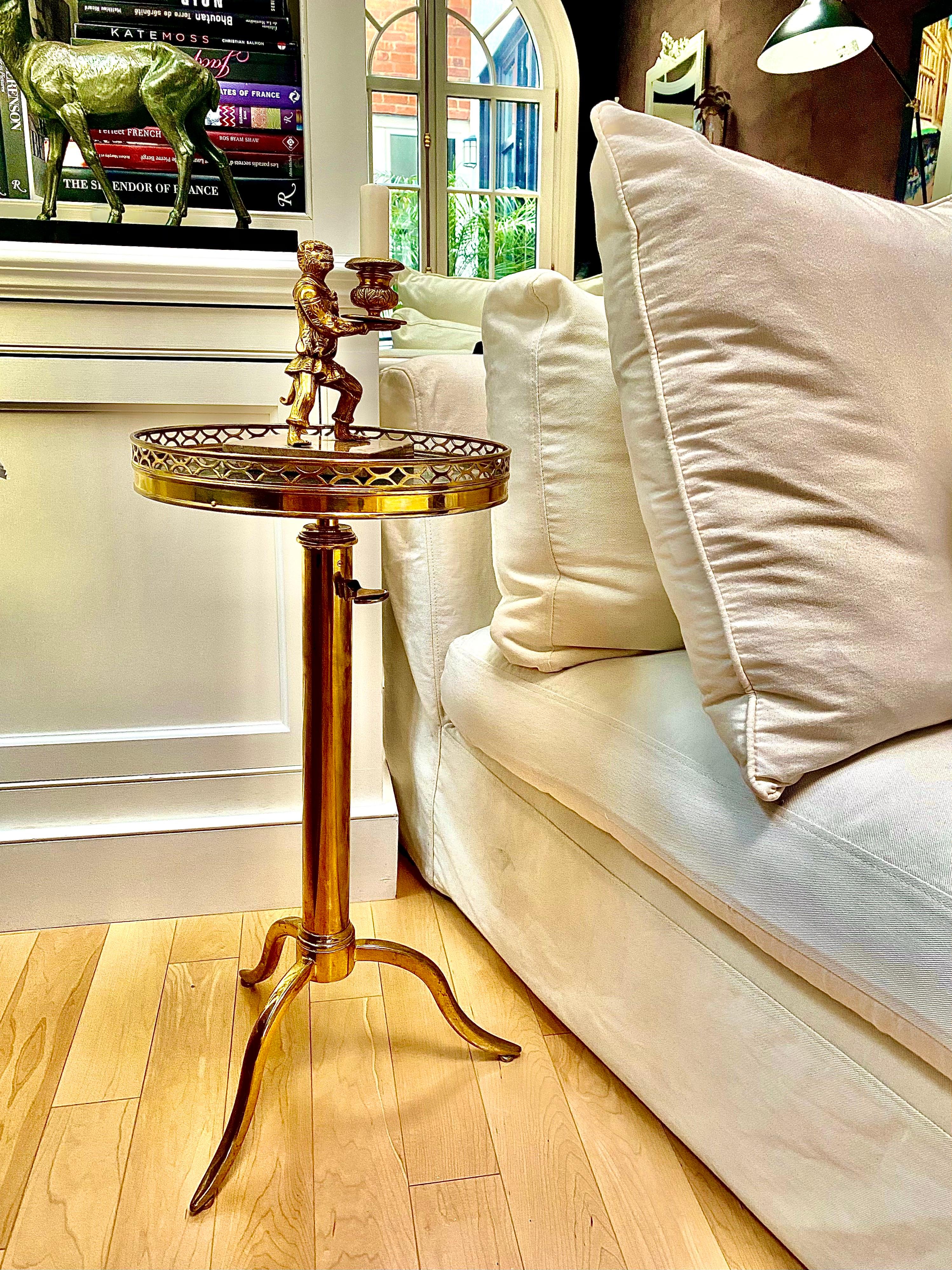 French Bronze Telescopic Guéridon side tables in the Manner of Maison Toulouse. Mid-Century Modern. The vey quintescence of chic.

Magnificent bronze end table with bronze galerie surrounding a black marble top and telescoping tripod base. This