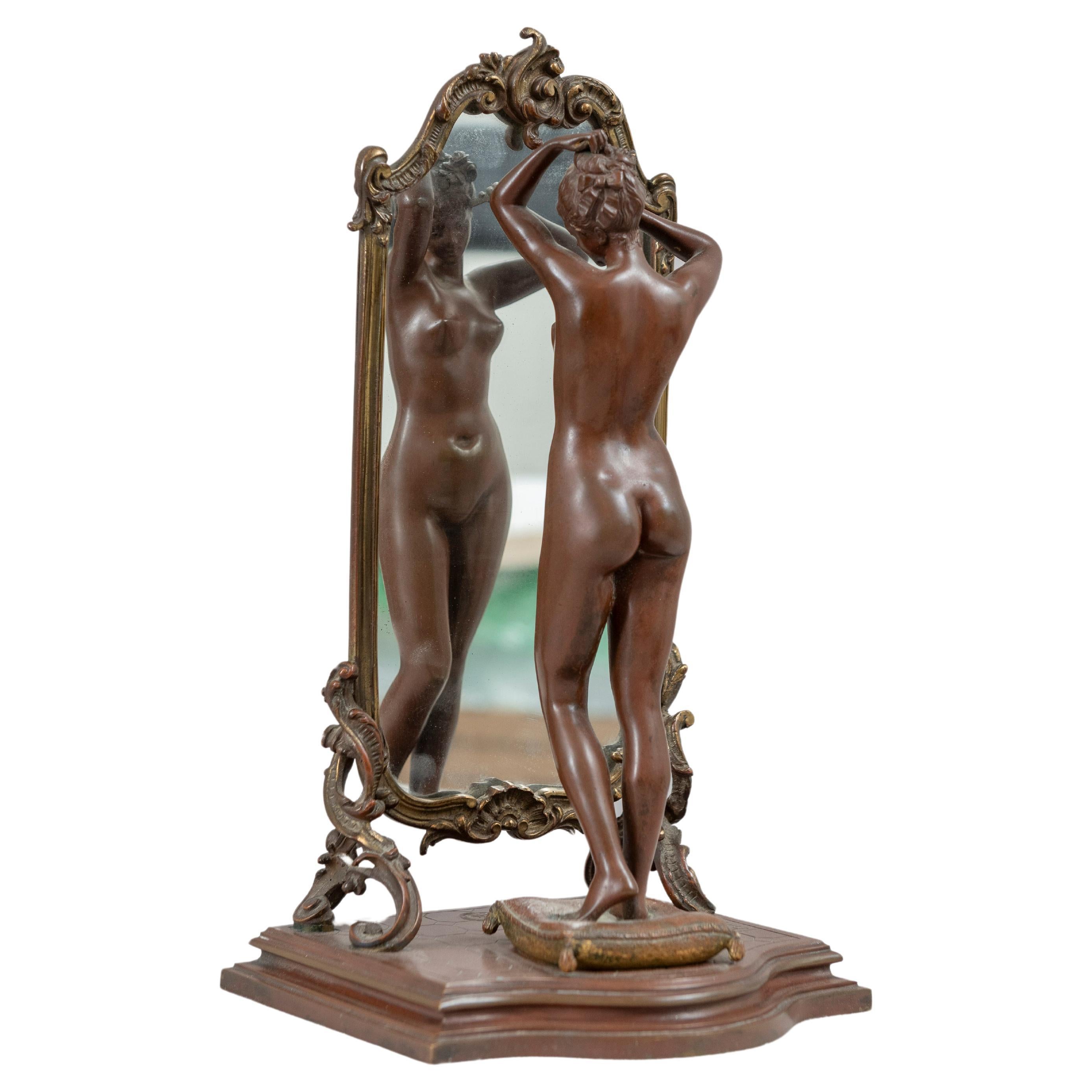 French Bronze, "The Looking Glass", Nude Looking into Cheval Mirror, ca. 1900 For Sale