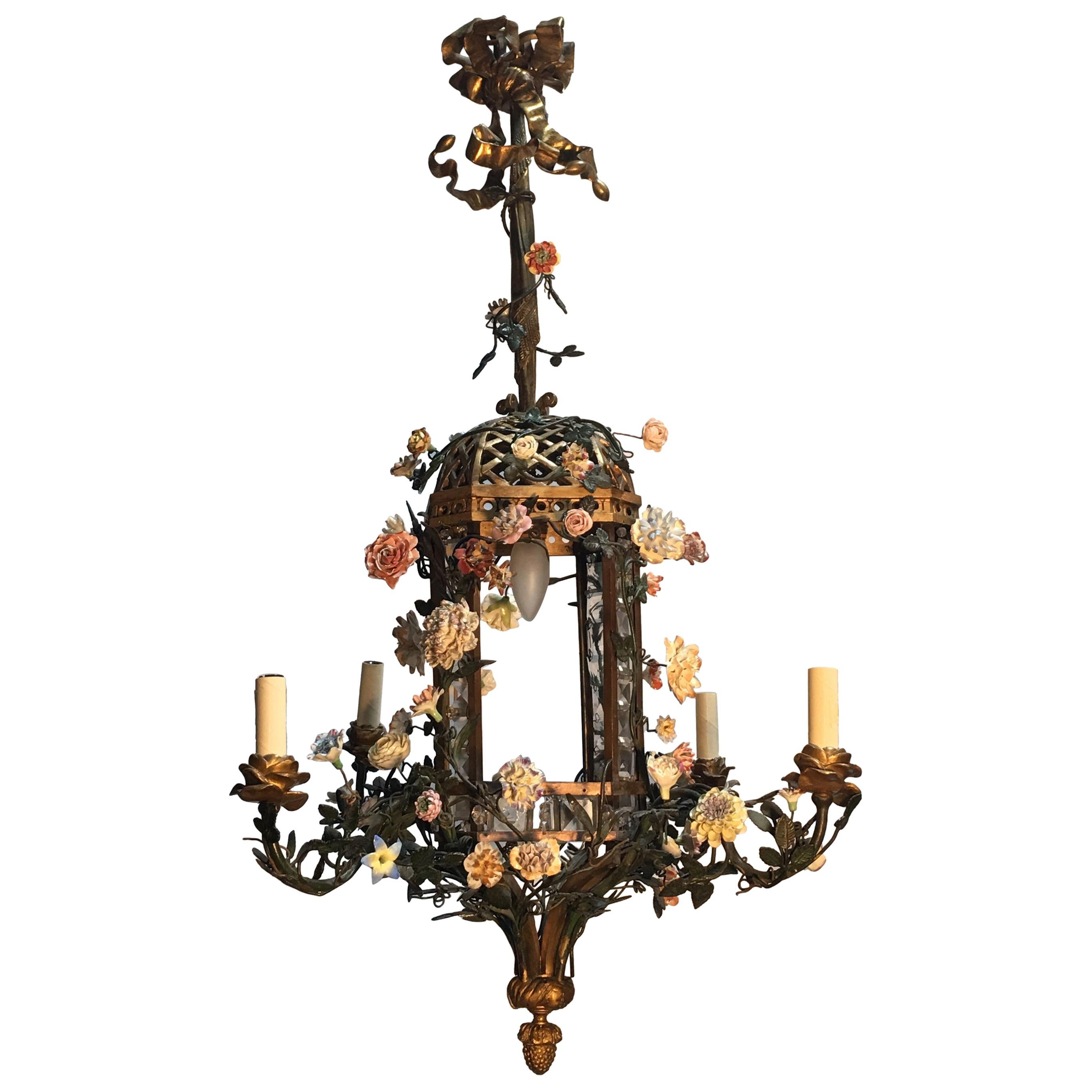 French Bronze Tole and Porcelain Chandelier