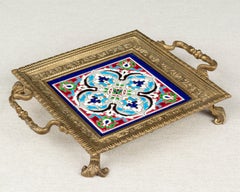 French Bronze Trivet with Longwy Ceramic Tile