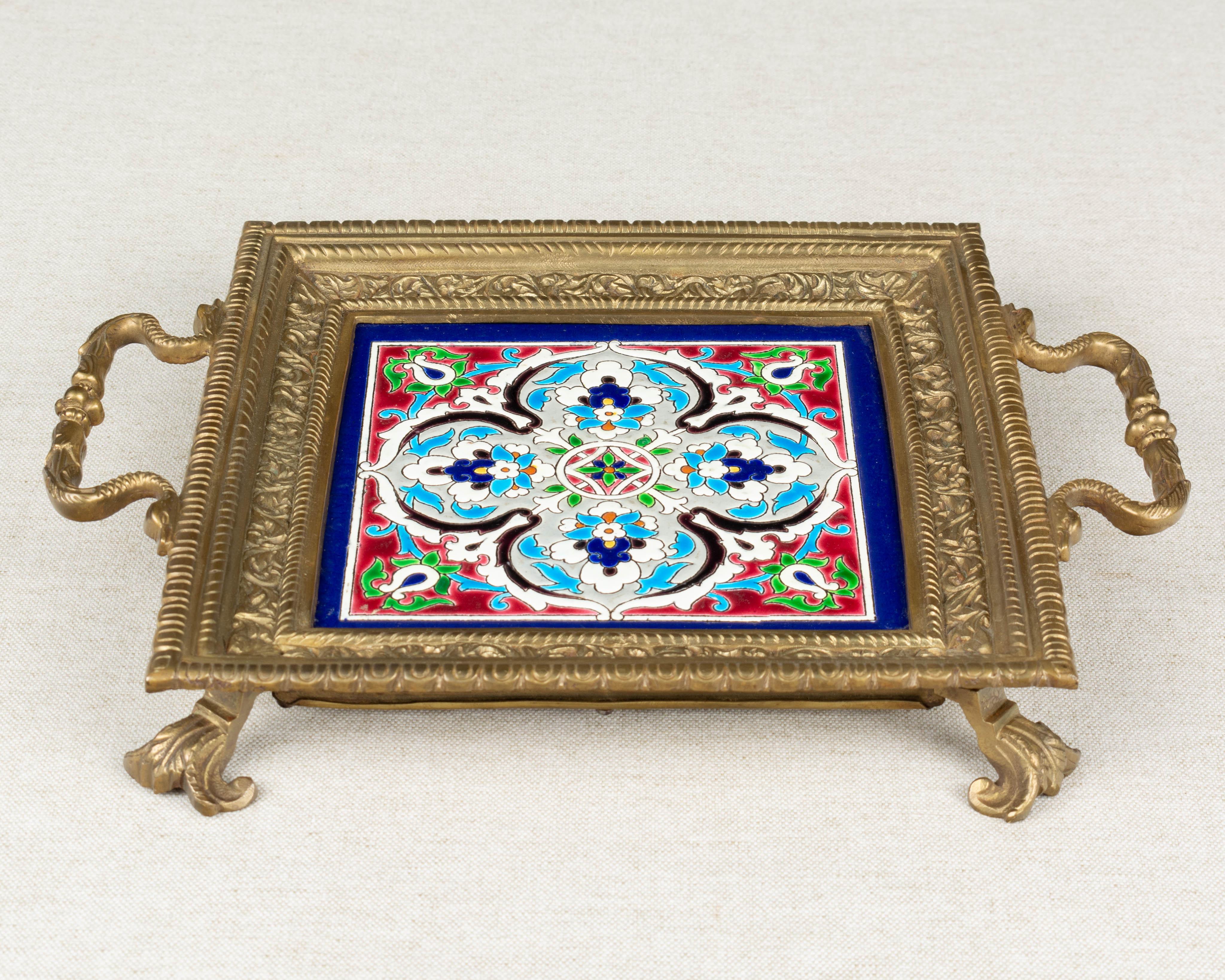Early 20th Century French Bronze Trivet with Longwy Ceramic Tile
