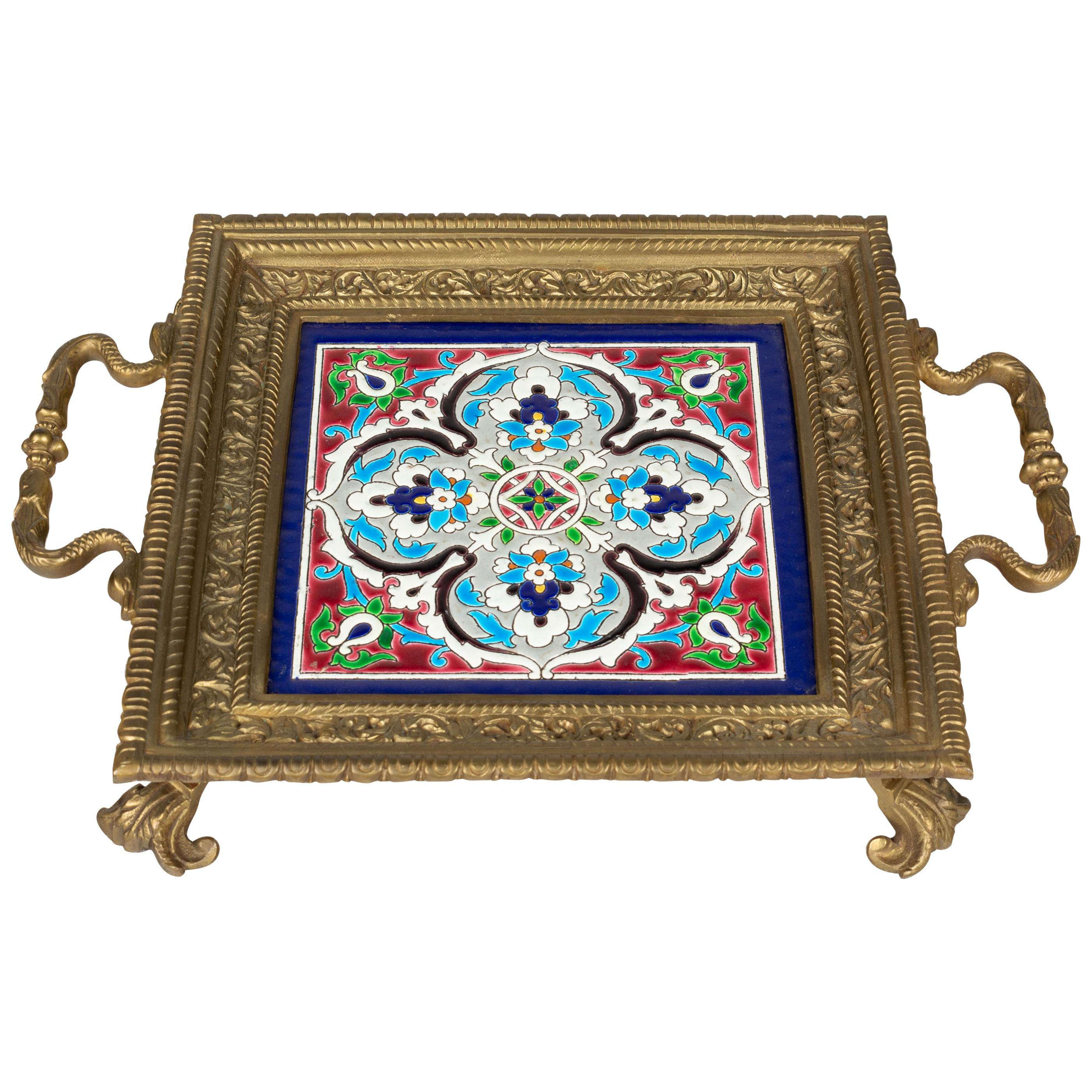 French Bronze Trivet with Longwy Ceramic Tile