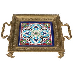 French Bronze Trivet with Longwy Ceramic Tile