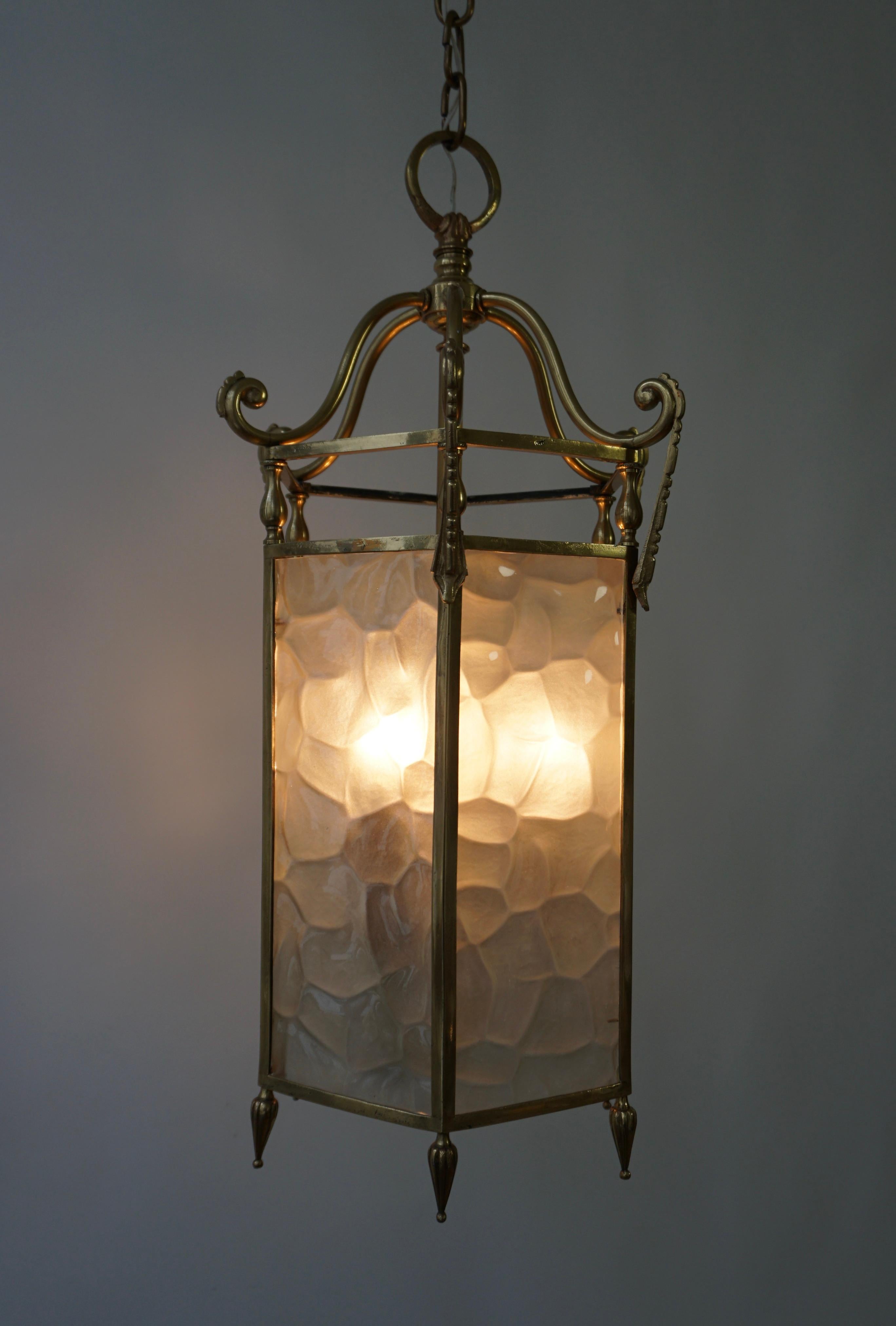 French Bronze White Textured Glass 6 Sided 3 Light Lantern For Sale 4
