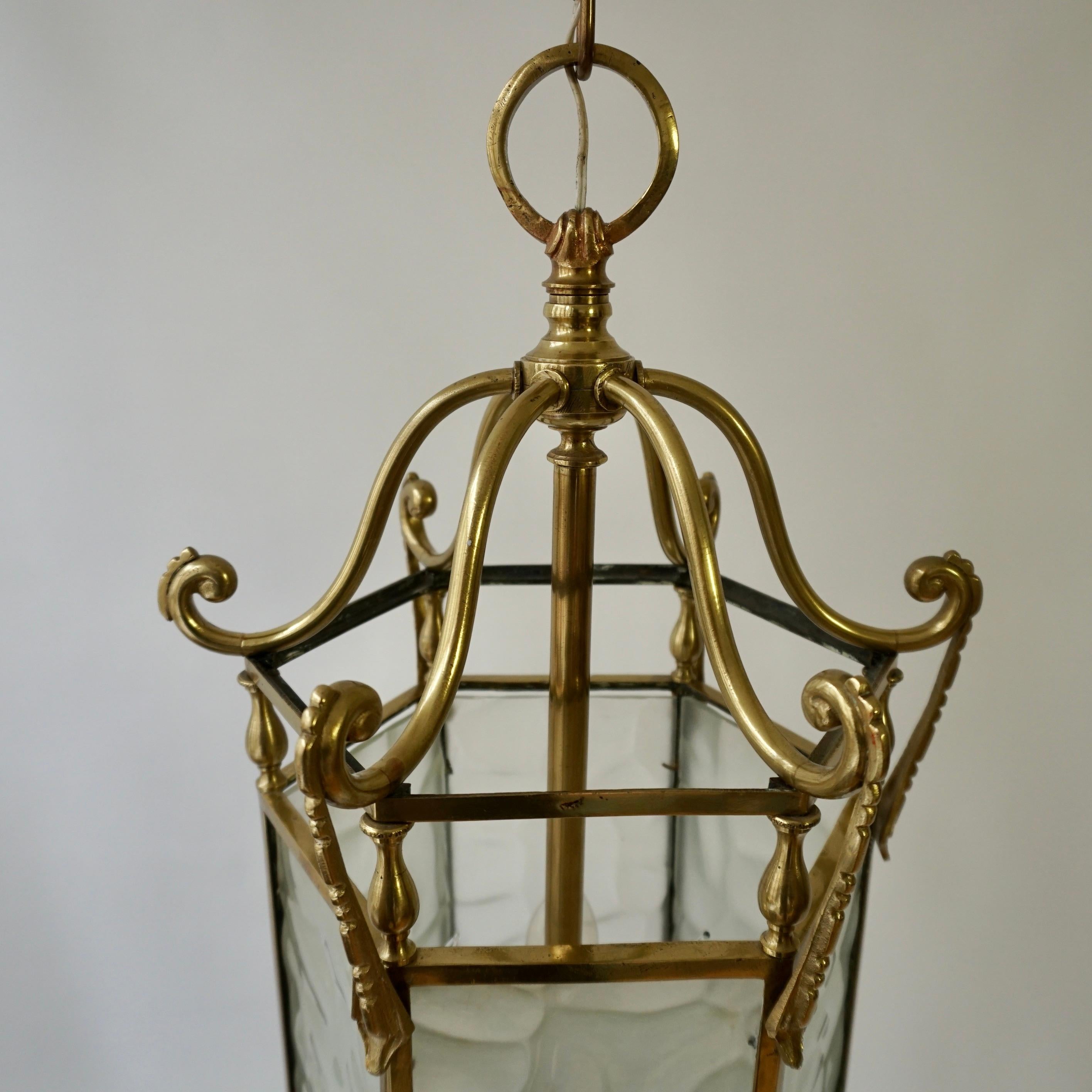 French Bronze White Textured Glass 6 Sided 3 Light Lantern For Sale 6