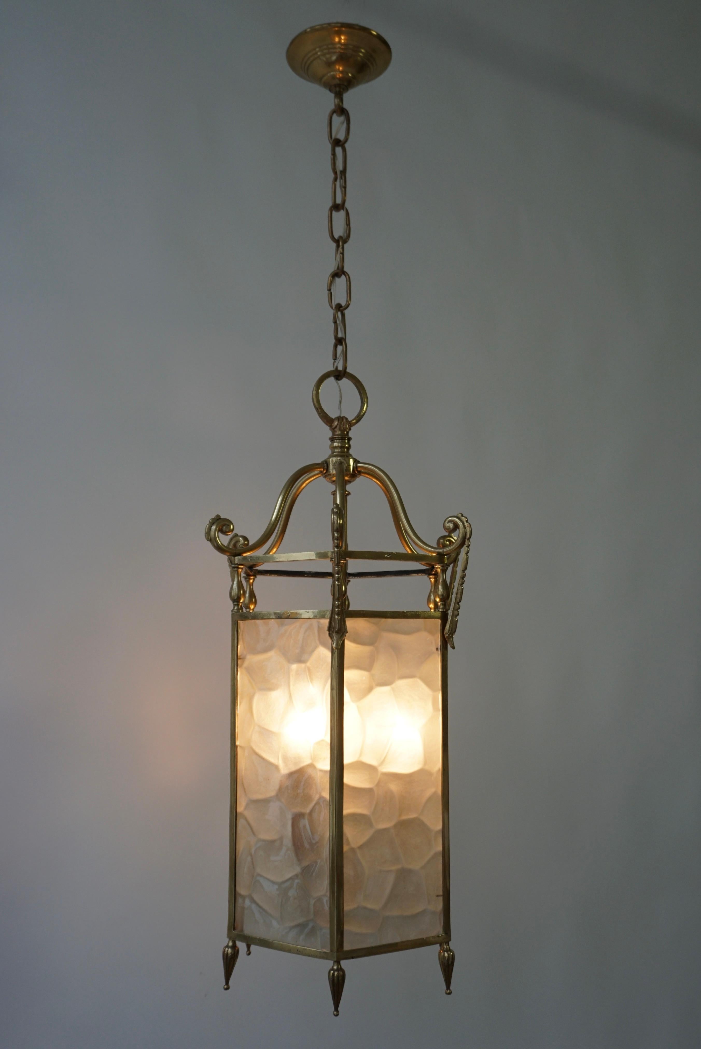 Hollywood Regency French Bronze White Textured Glass 6 Sided 3 Light Lantern For Sale