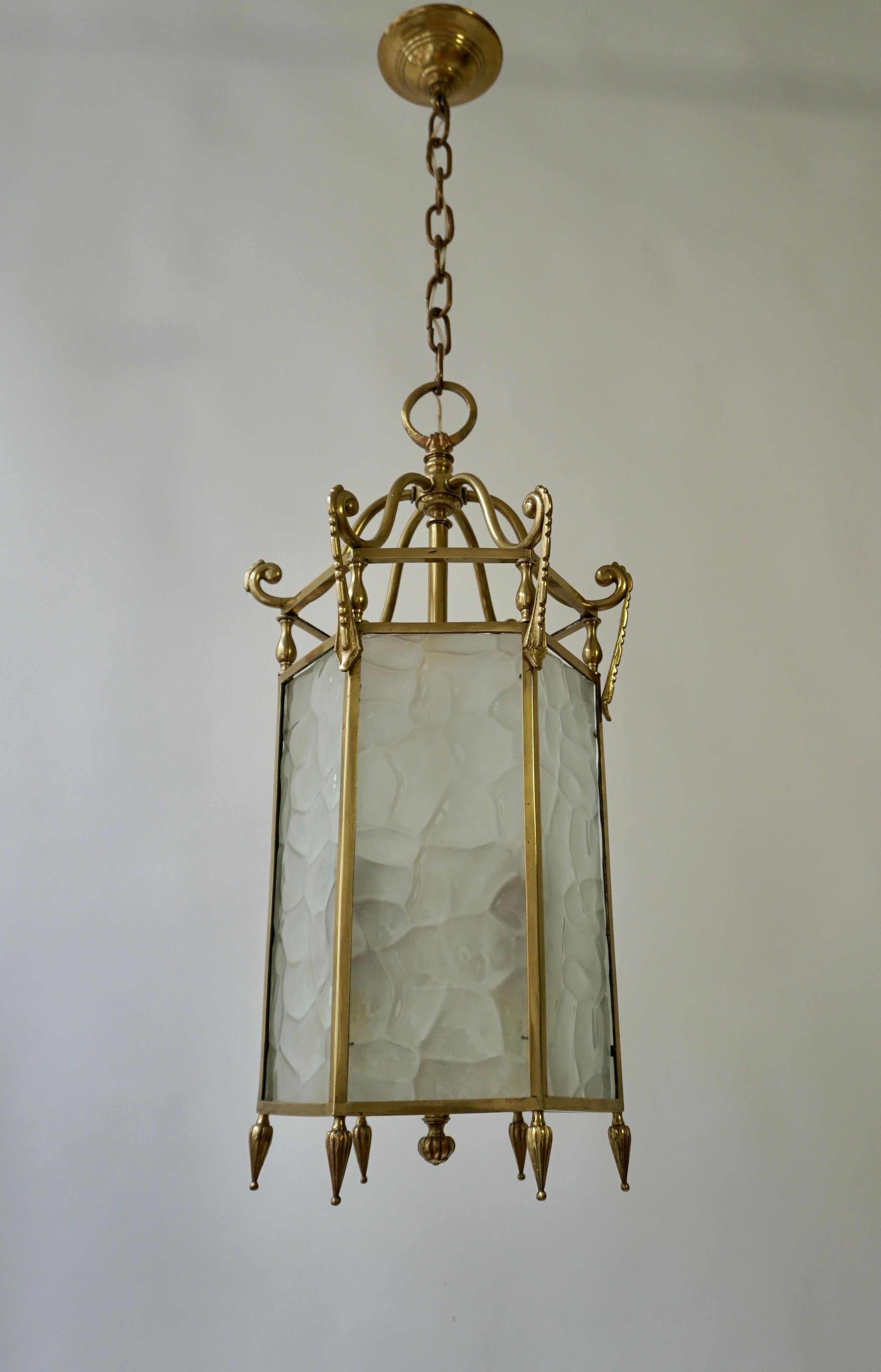 20th Century French Bronze White Textured Glass 6 Sided 3 Light Lantern For Sale