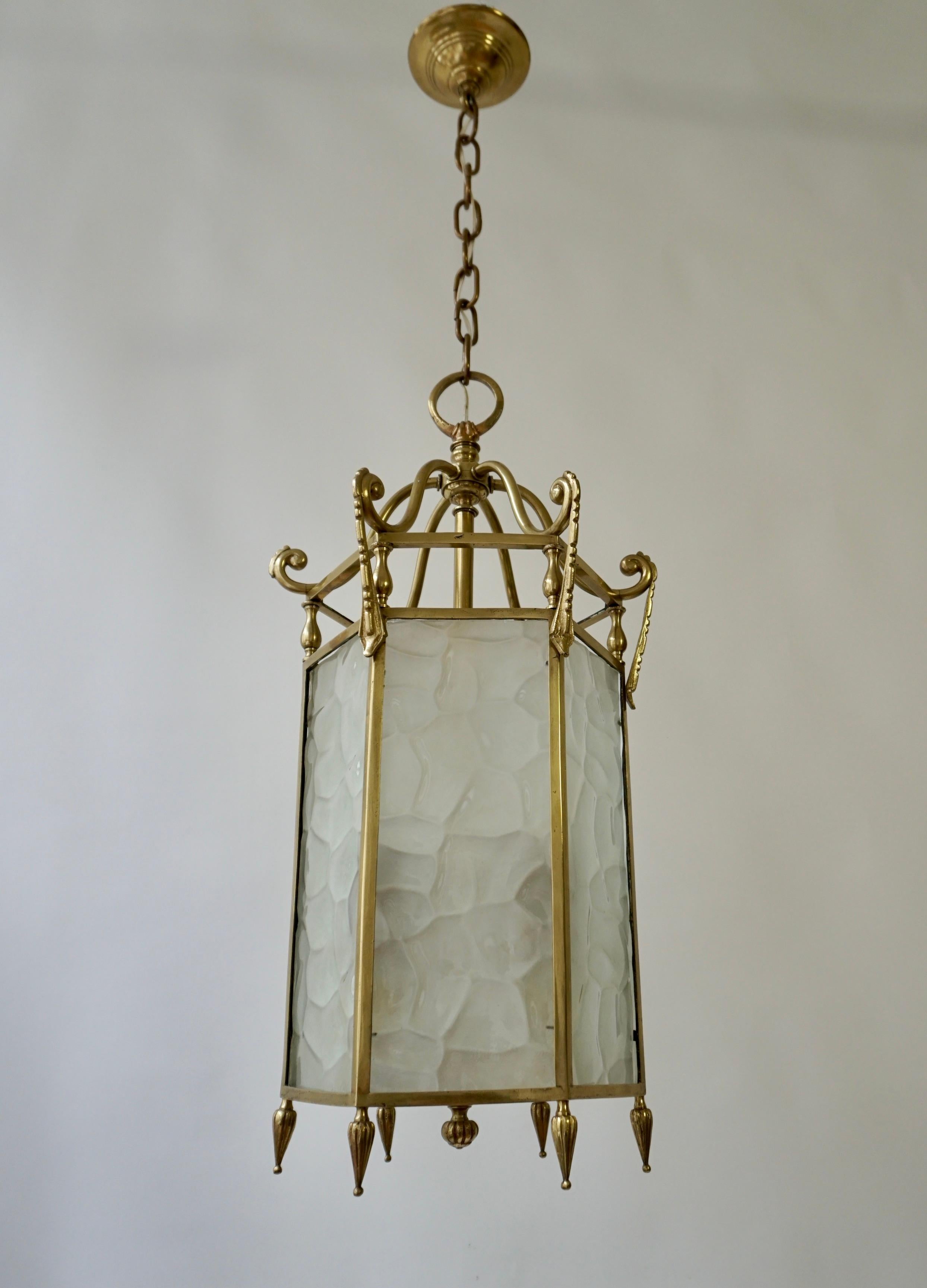 Brass French Bronze White Textured Glass 6 Sided 3 Light Lantern For Sale