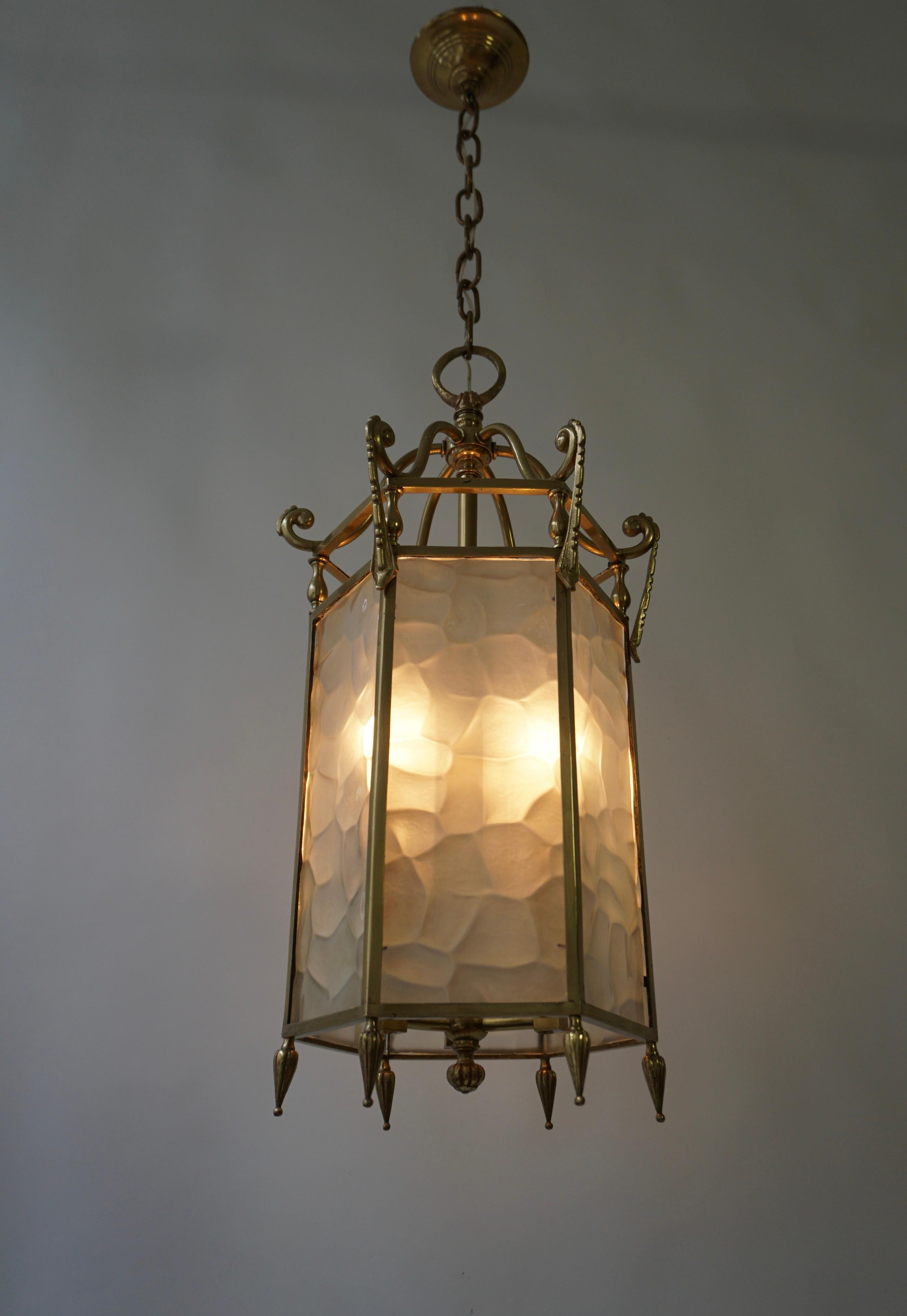 French Bronze White Textured Glass 6 Sided 3 Light Lantern For Sale 1
