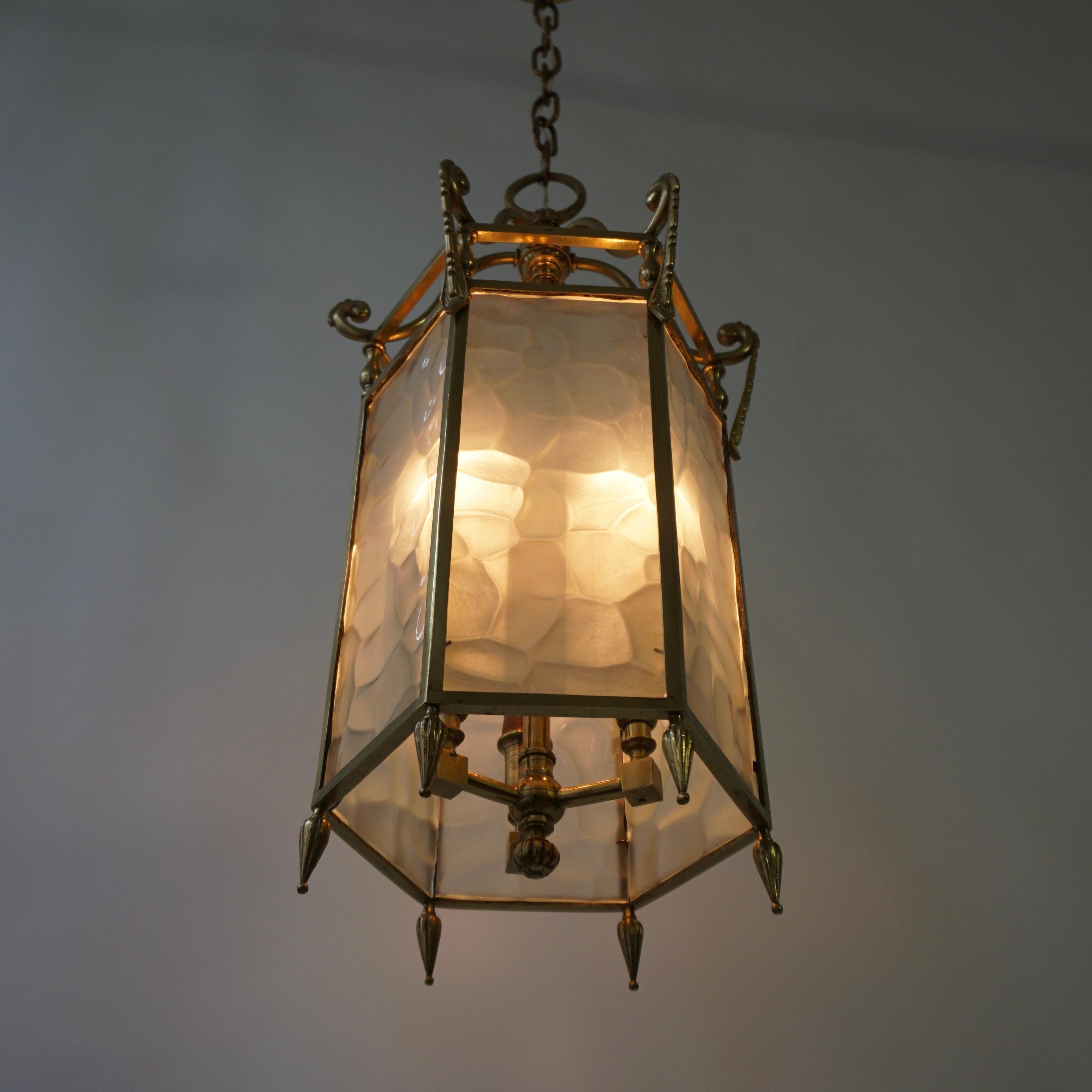 French Bronze White Textured Glass 6 Sided 3 Light Lantern For Sale 2