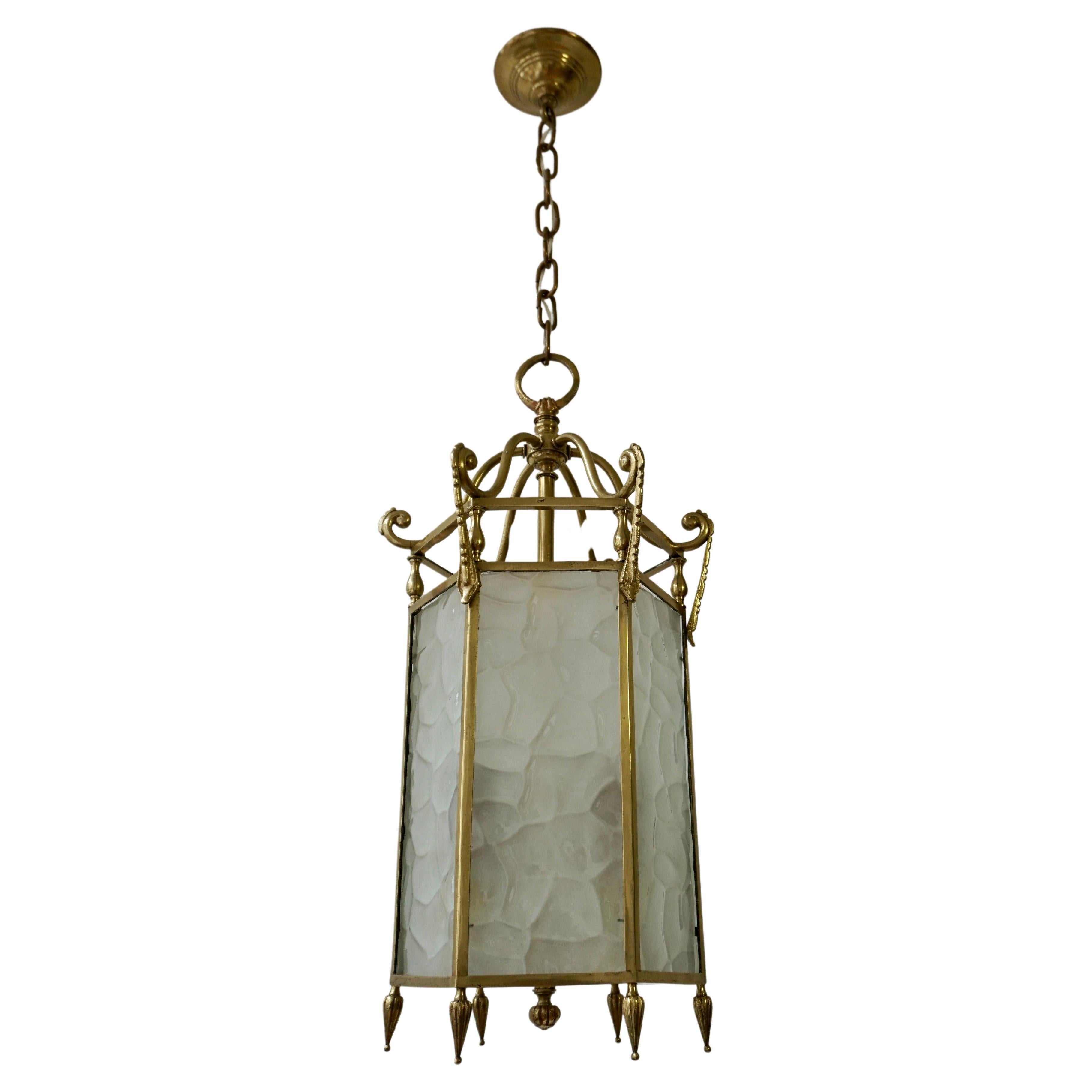French Bronze White Textured Glass 6 Sided 3 Light Lantern For Sale