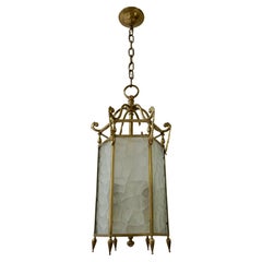 Vintage French Bronze White Textured Glass 6 Sided 3 Light Lantern