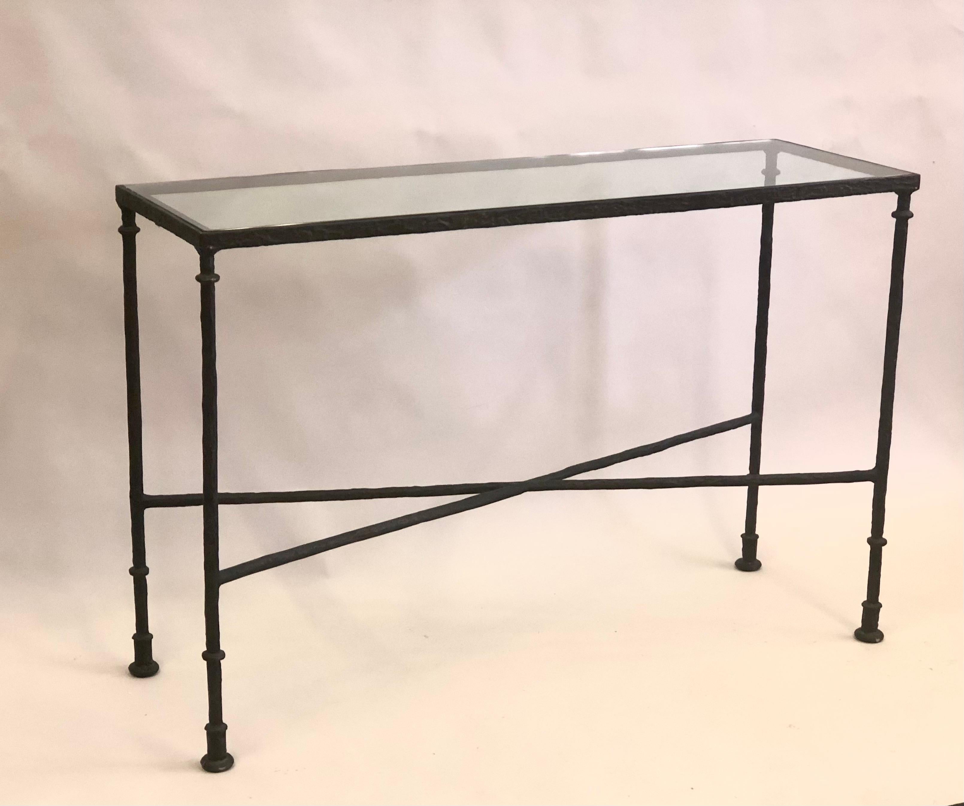 French Mid-Century Modern Neoclassical Bronze & Travertine Console, Giacometti  In Good Condition In New York, NY