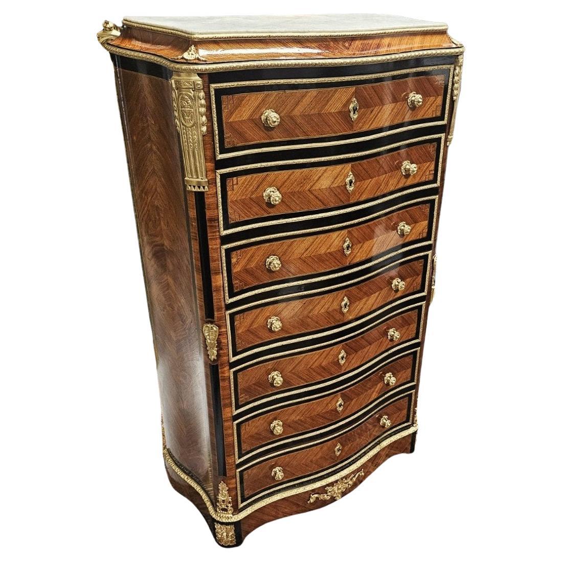 French Brown 7 Drawers Gilt Brass Cabinet Napoleon III Boulle 19th