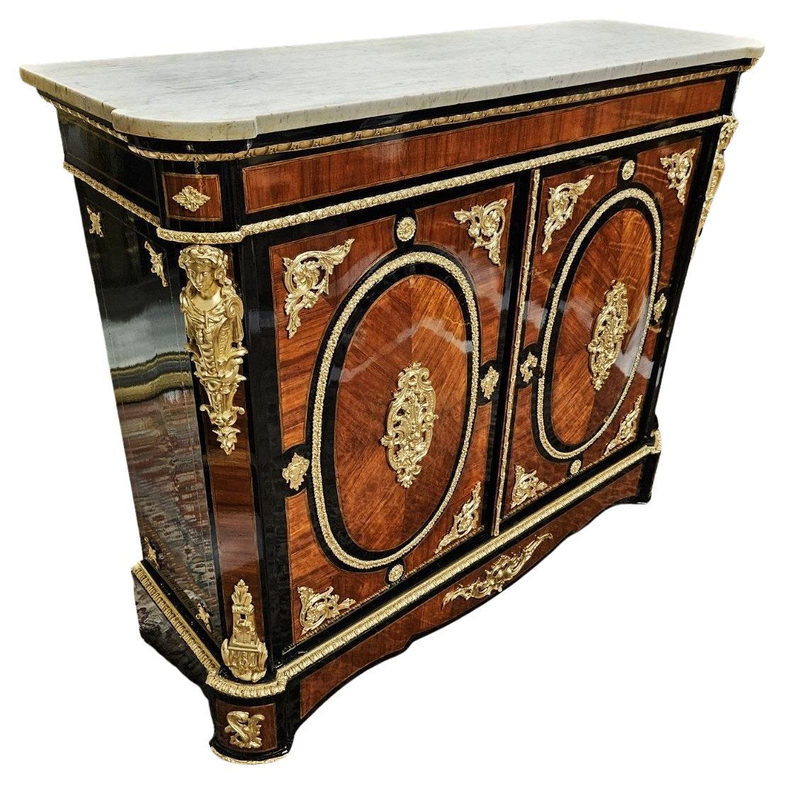 Stunning Large 2 door Marquetry Sideboard signed Diehl in Napoleon 3 and Boulle Style marquetry.
DESCRIPTION: very beautiful two-door sideboard in gorgeous different woods frieze and dark wood veneer,  and fruitwood fillets. Very beautiful gilded