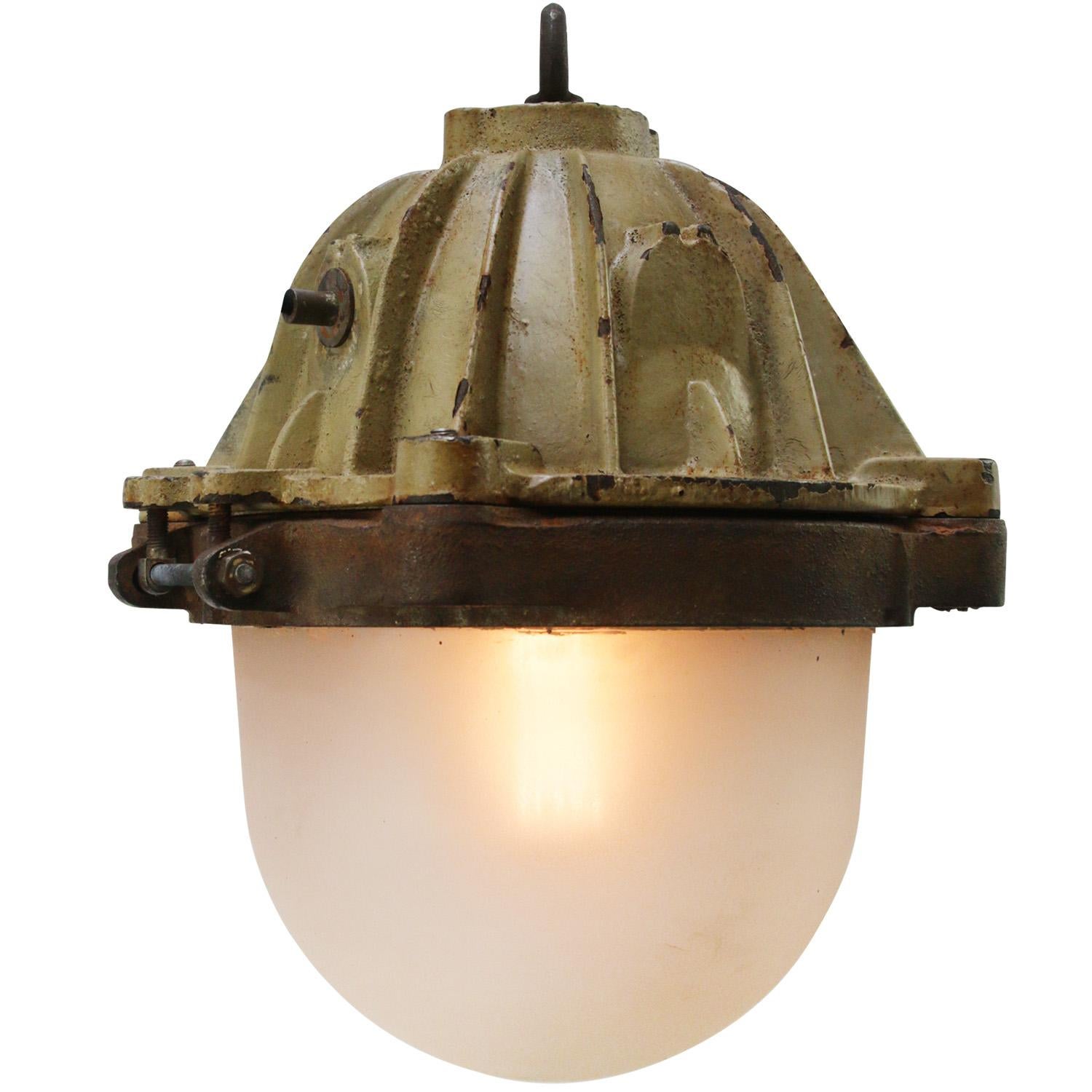 Extra large French industrial hanging lamp by Mapelec Amiens
Brown cast iron
Frosted glass

Weight: 20.00 kg / 44.1 lb

Priced per individual item. All lamps have been made suitable by international standards for incandescent light bulbs,