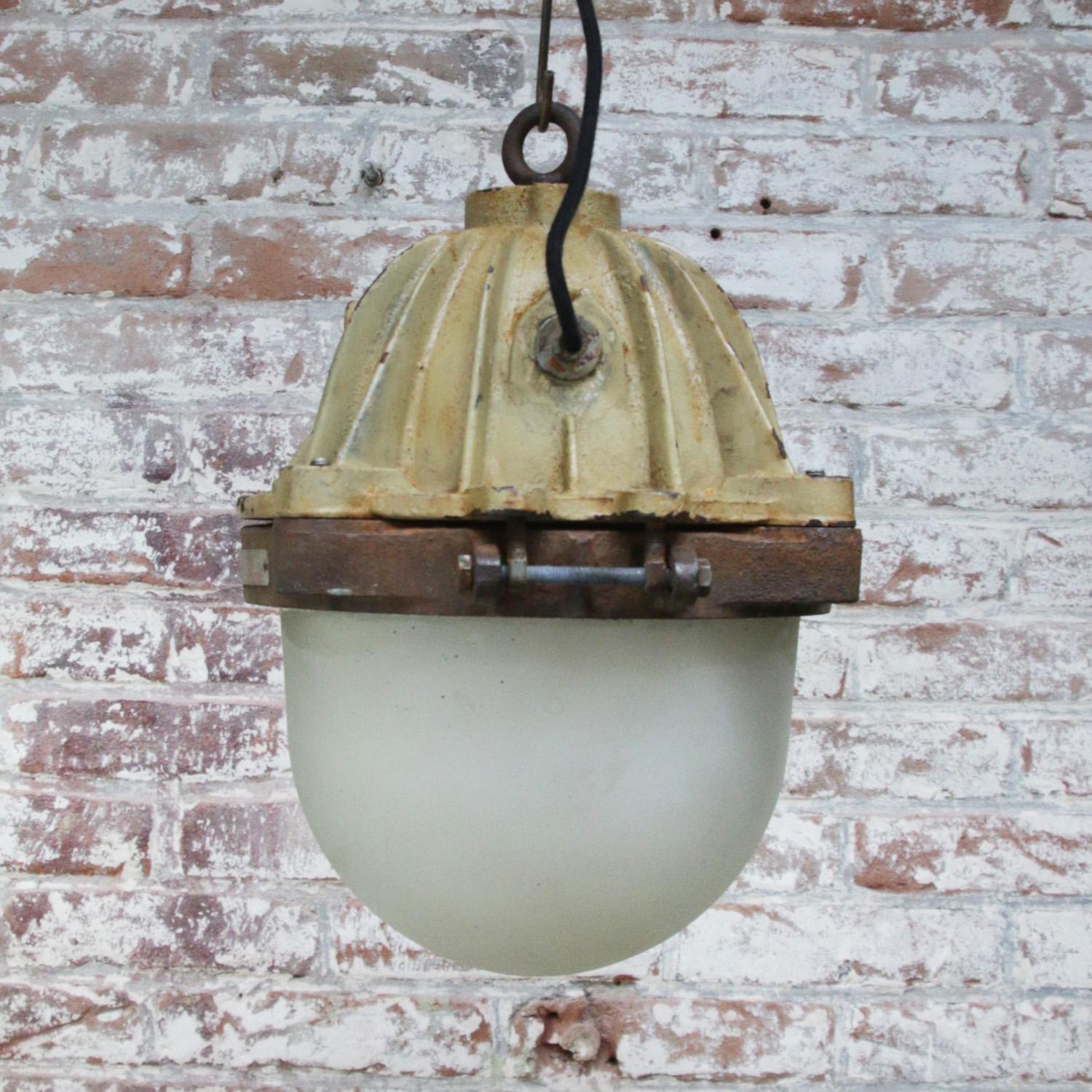 Glass French Brown Cast Iron Vintage Industrial Pendant Lamp by Mapelec Amiens