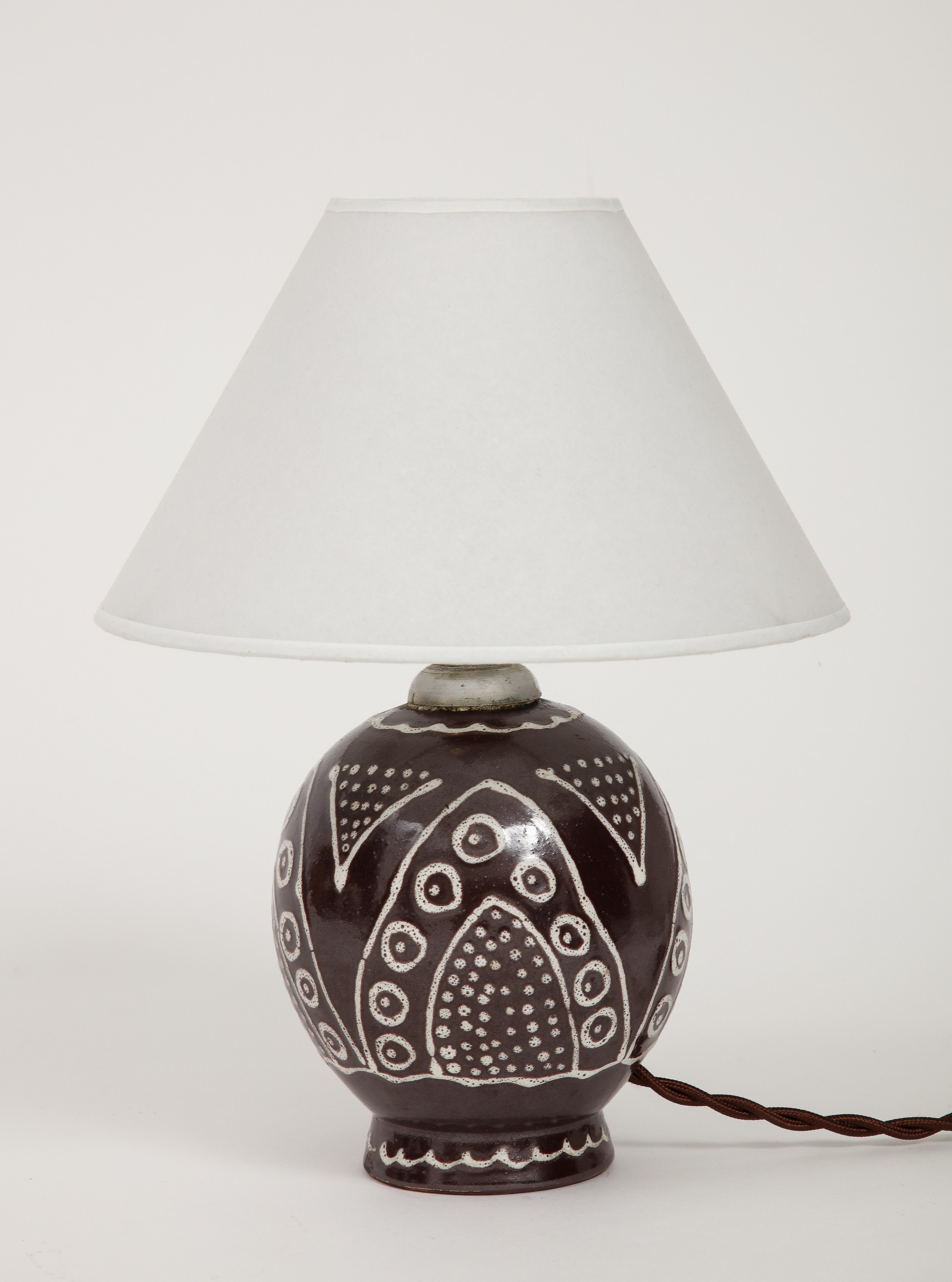 Art Deco French Brown Ceramic Lamp, White Glazed Design, C. 1930, Numbered & Inscribed