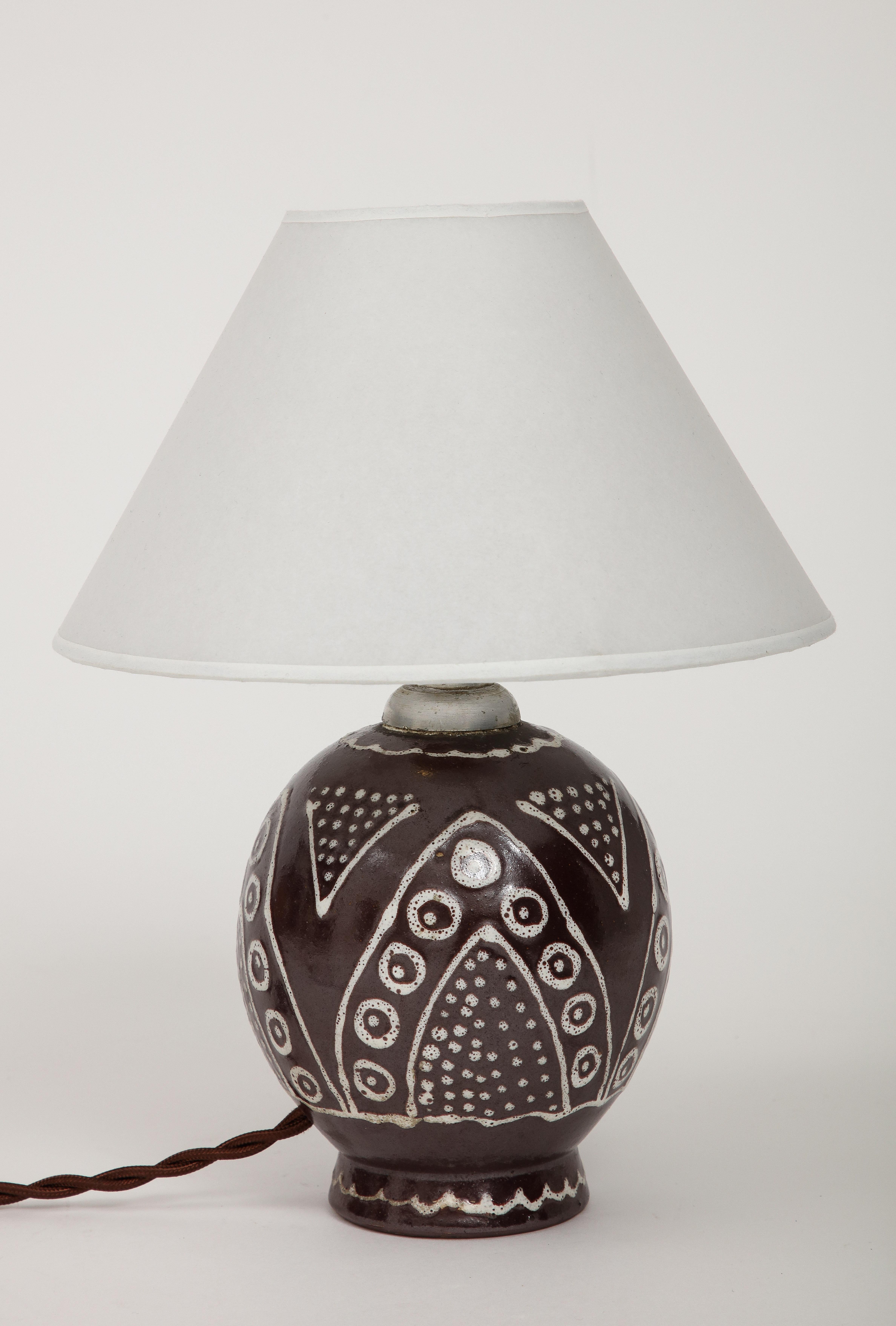 Early 20th Century French Brown Ceramic Lamp, White Glazed Design, C. 1930, Numbered & Inscribed