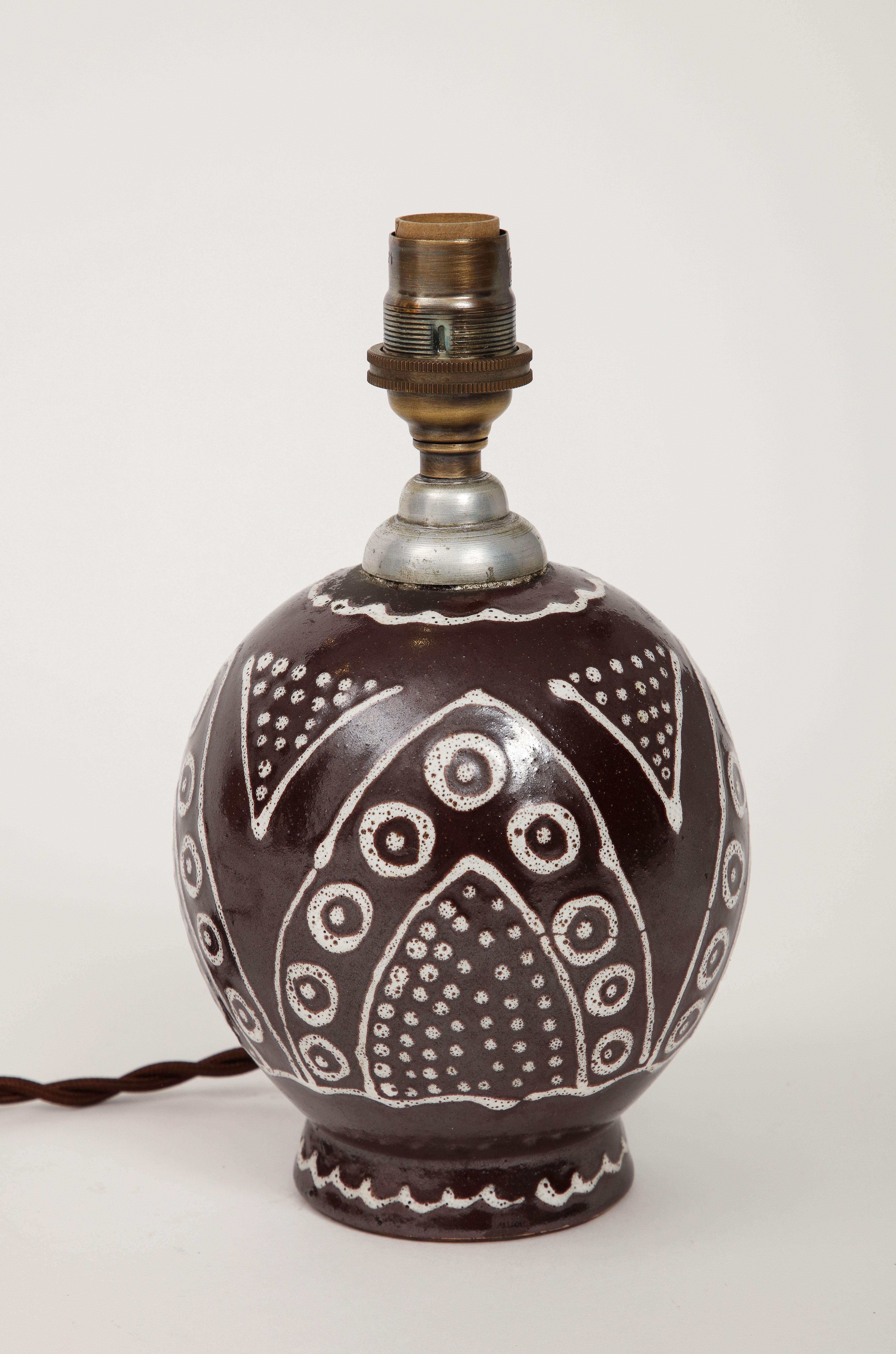 French Brown Ceramic Lamp, White Glazed Design, C. 1930, Numbered & Inscribed 2