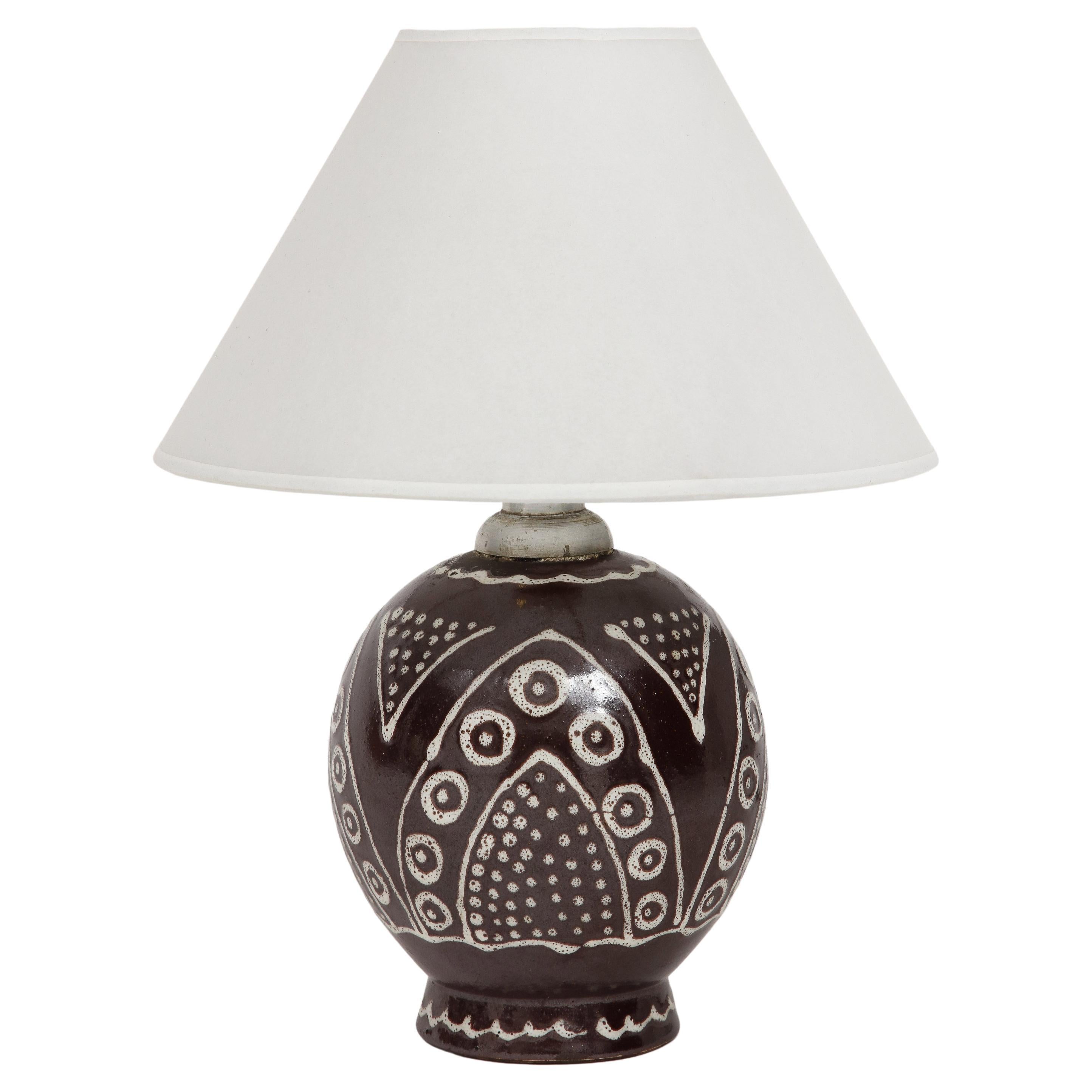 French Brown Ceramic Lamp, White Glazed Design, C. 1930, Numbered & Inscribed