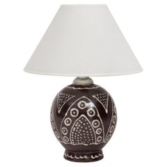French Brown Ceramic Lamp, White Glazed Design, c. 1930, Numbered & inscribed