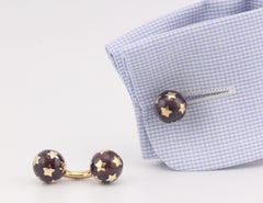 French Brown Enamel 18k Yellow Gold Star Motif Dumbbell Cufflinks