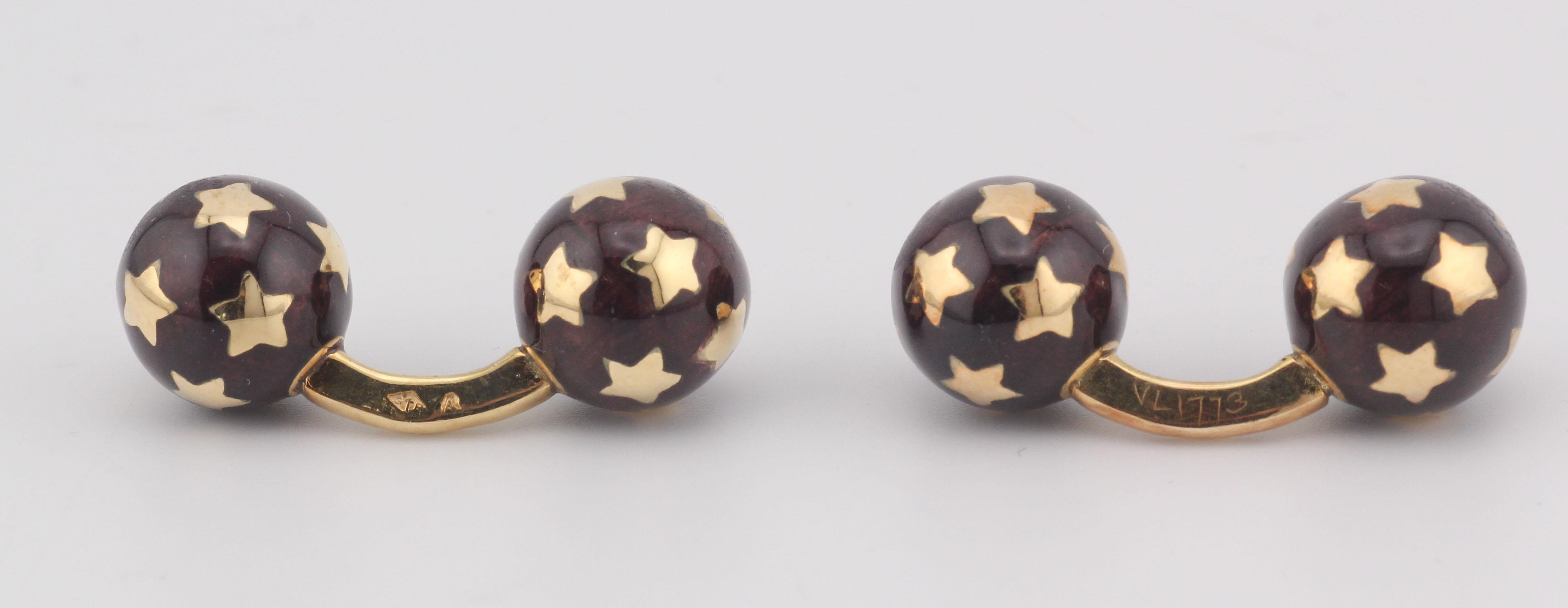 De los hombres Gemelos de esmalte marrón francés con motivo de estrella en oro amarillo de 18k en venta