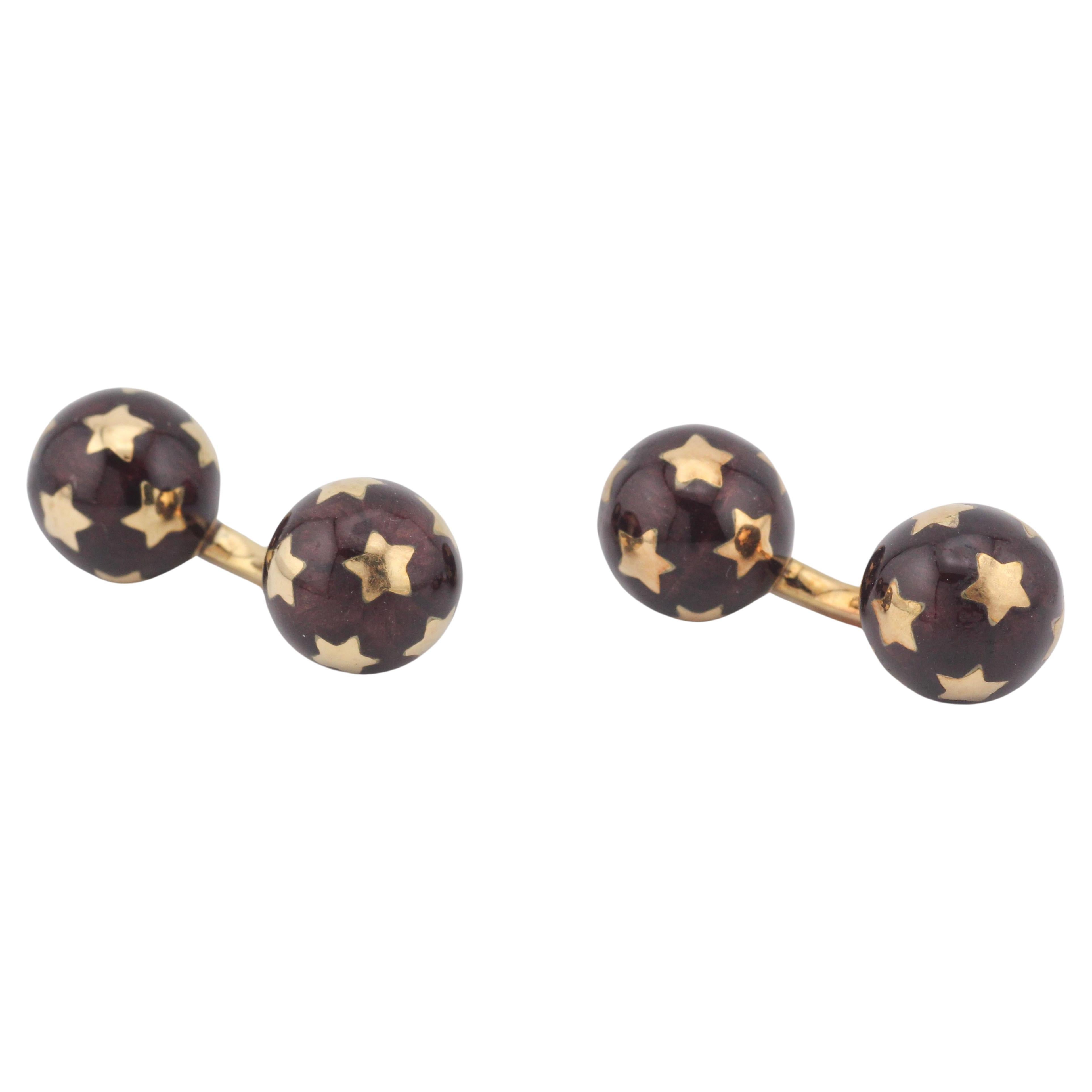 Gemelos de esmalte marrón francés con motivo de estrella en oro amarillo de 18k en venta