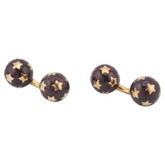 French Brown Enamel 18k Yellow Gold Star Motif Dumbbell Cufflinks