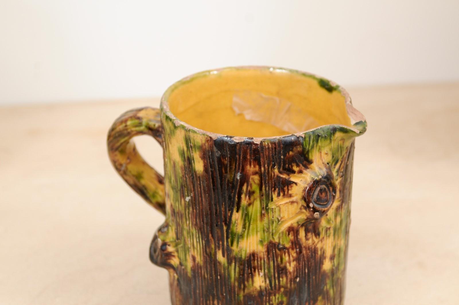 French Brown Glazed Pottery Pitcher with Yellow and Green Textured Accents In Good Condition In Atlanta, GA