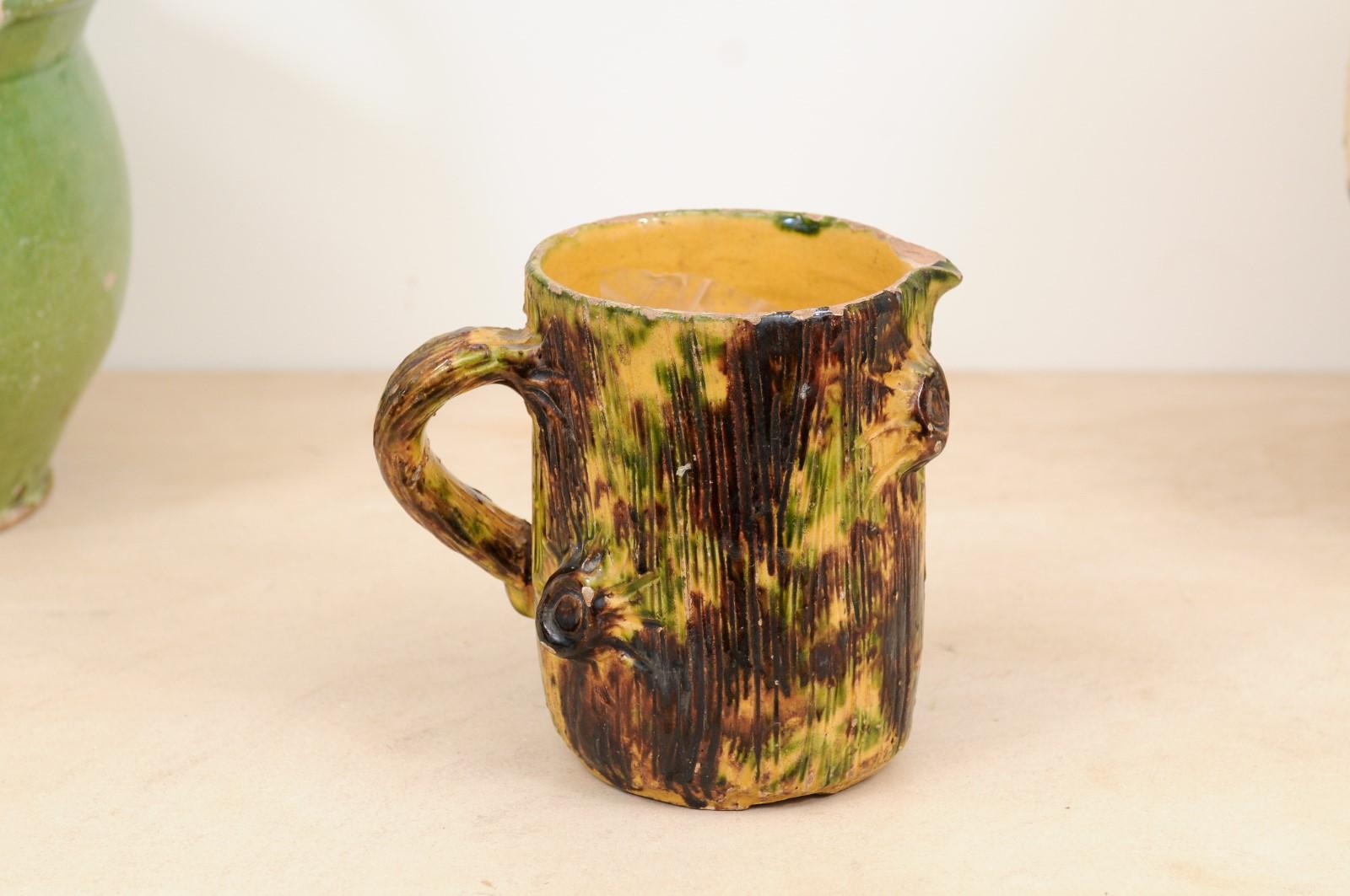 French Brown Glazed Pottery Pitcher with Yellow and Green Textured Accents 1