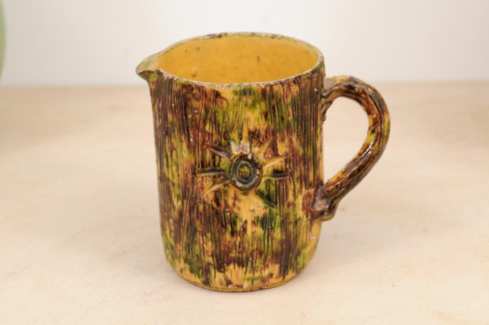 French Brown Glazed Pottery Pitcher with Yellow and Green Textured Accents 3