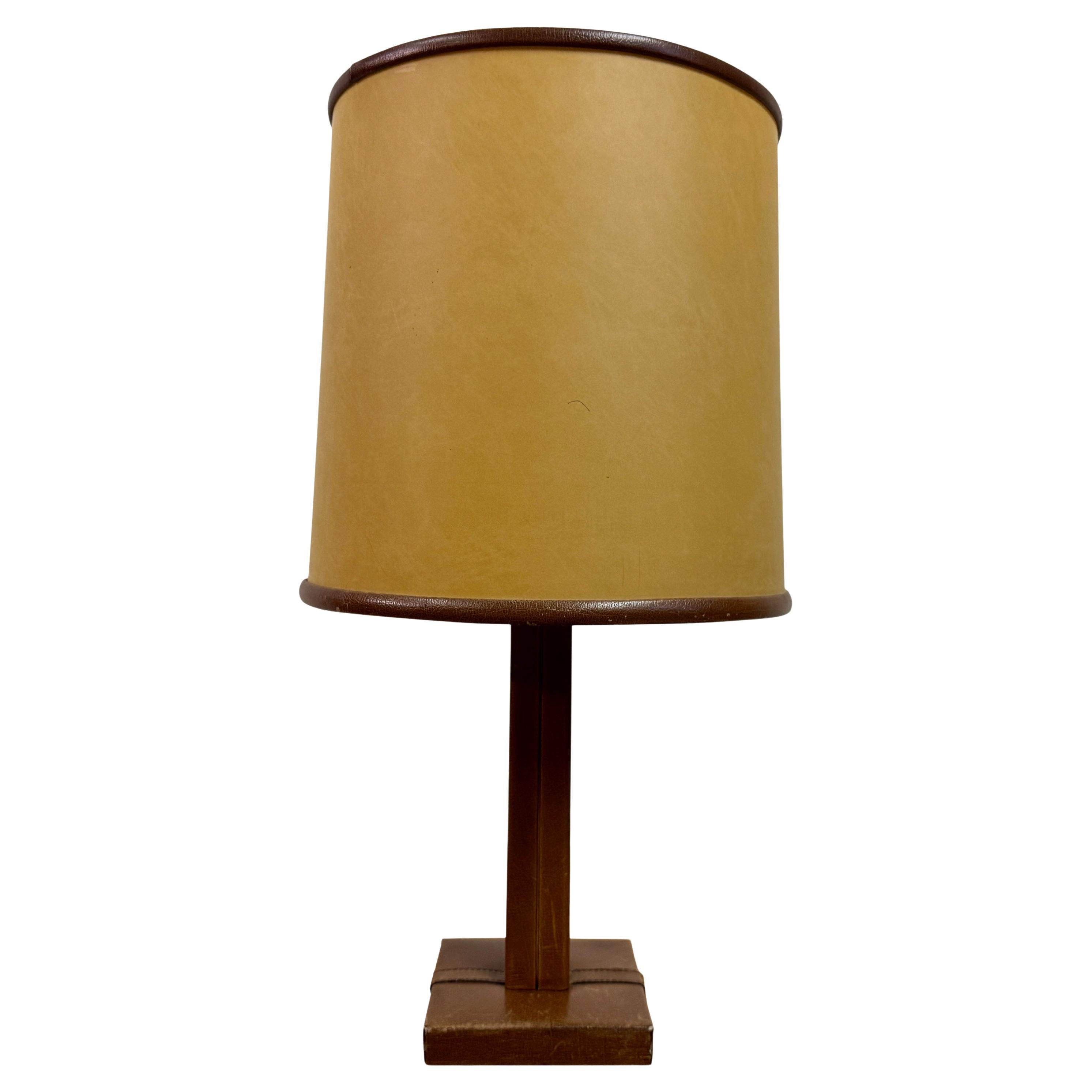 Leather Table Lamp by Le Tanneur, Mid-Century Modern, France, 1960s