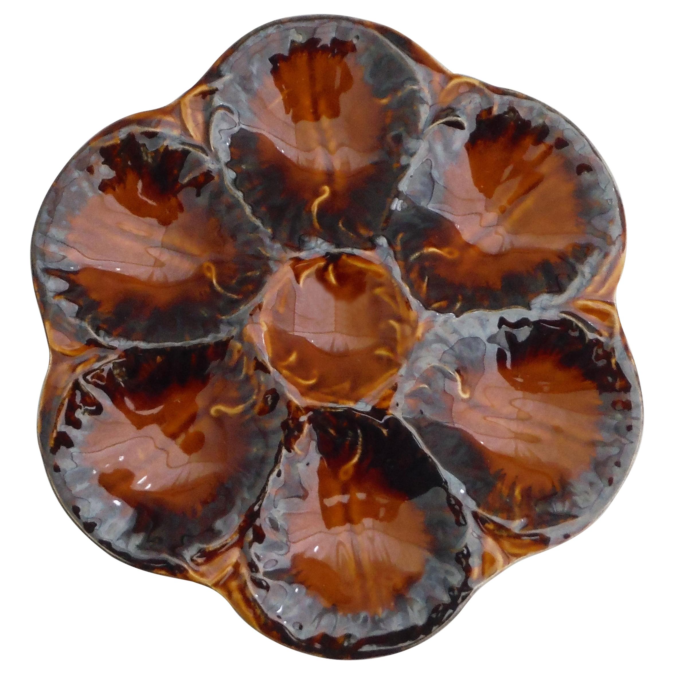 French Brown Majolica Oyster Plate, circa 1940