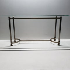 French Brushed Brass Console Table with Faceted Glass Top, 1980s