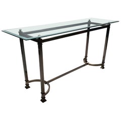 French Brushed Brass Console Table with Faceted Glass Top, 1980s