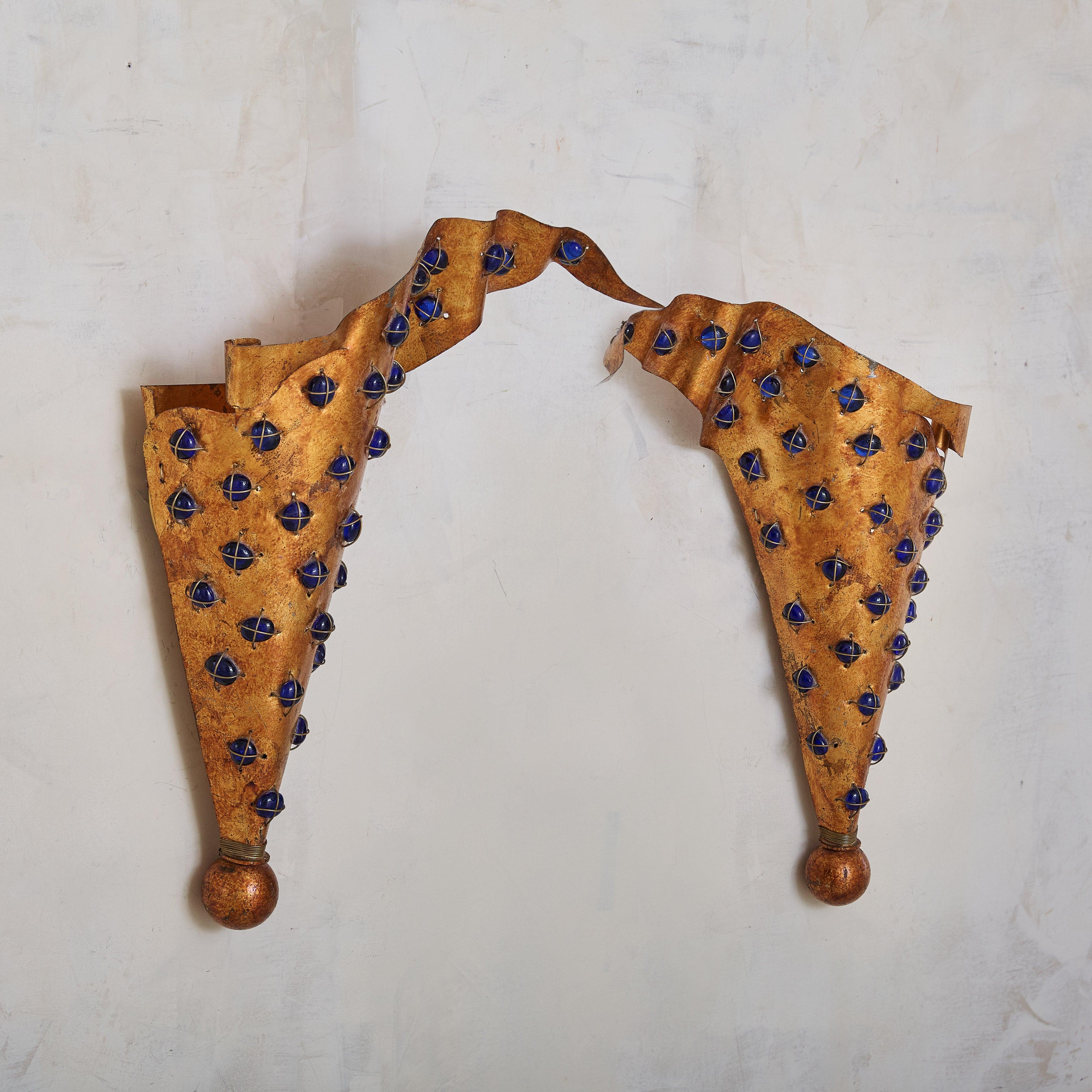 Art Nouveau French Brushed Gold Conical Wall Sconces with Blue Glass Cabochons, 1970s For Sale