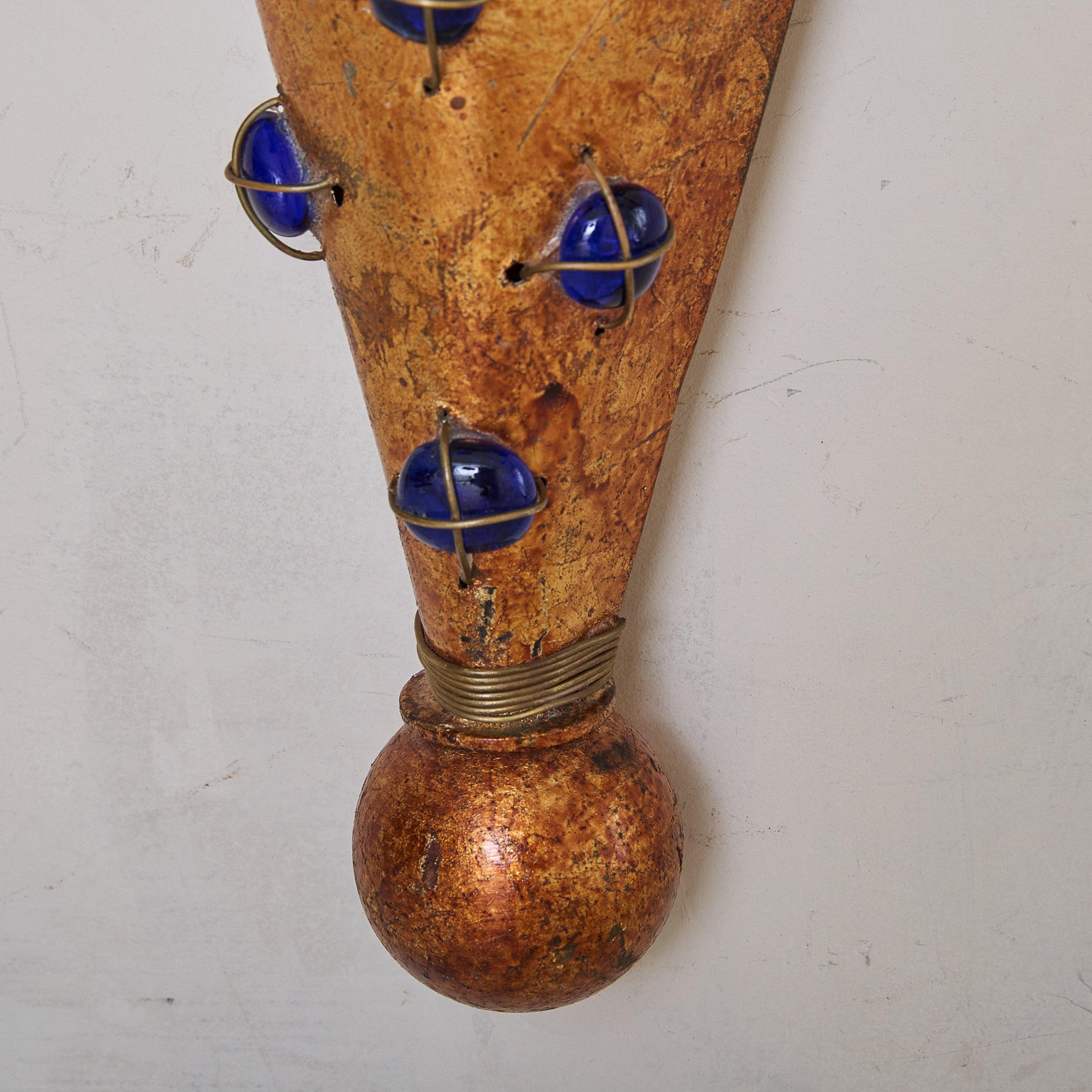 French Brushed Gold Conical Wall Sconces with Blue Glass Cabochons, 1970s In Good Condition For Sale In Chicago, IL