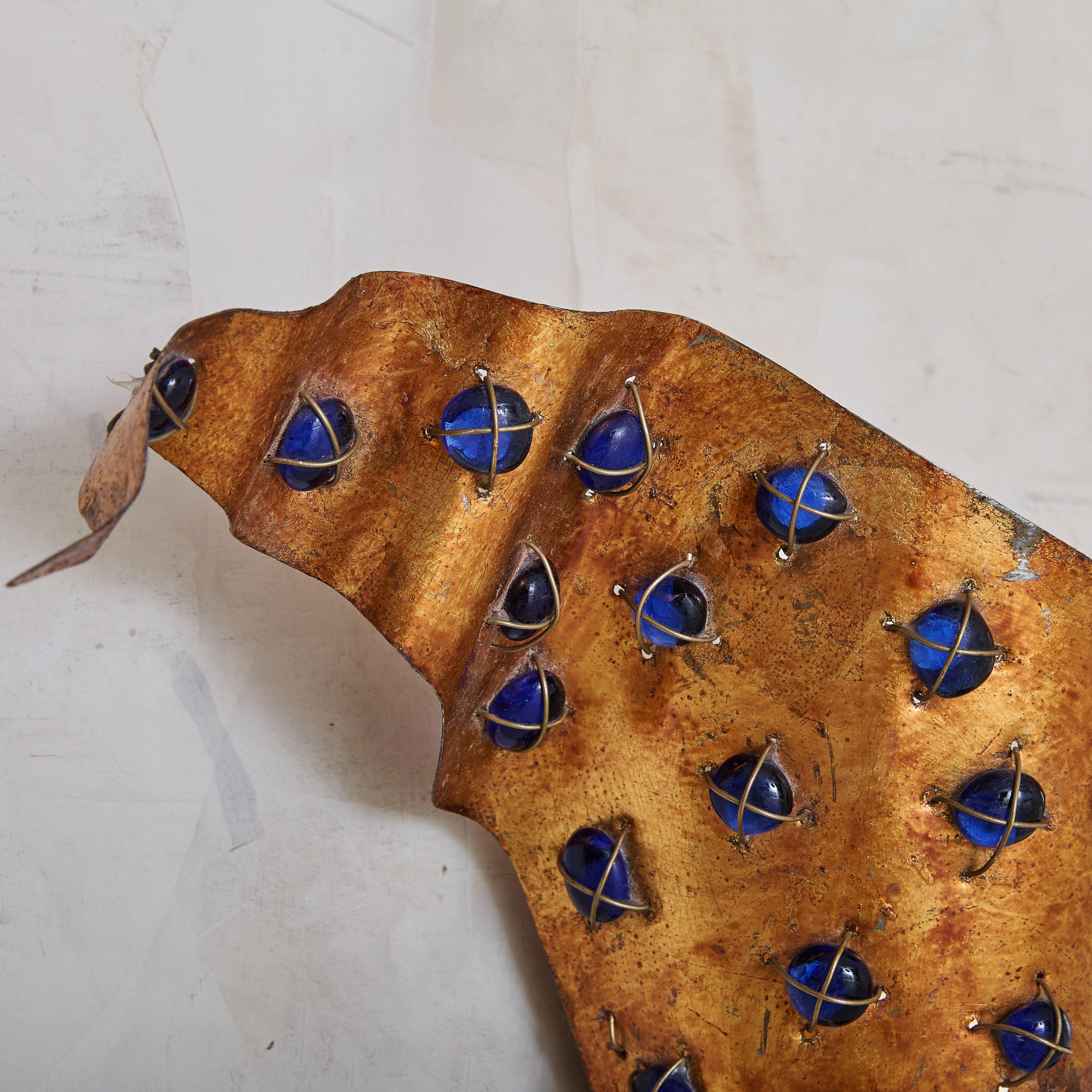 Late 20th Century French Brushed Gold Conical Wall Sconces with Blue Glass Cabochons, 1970s For Sale