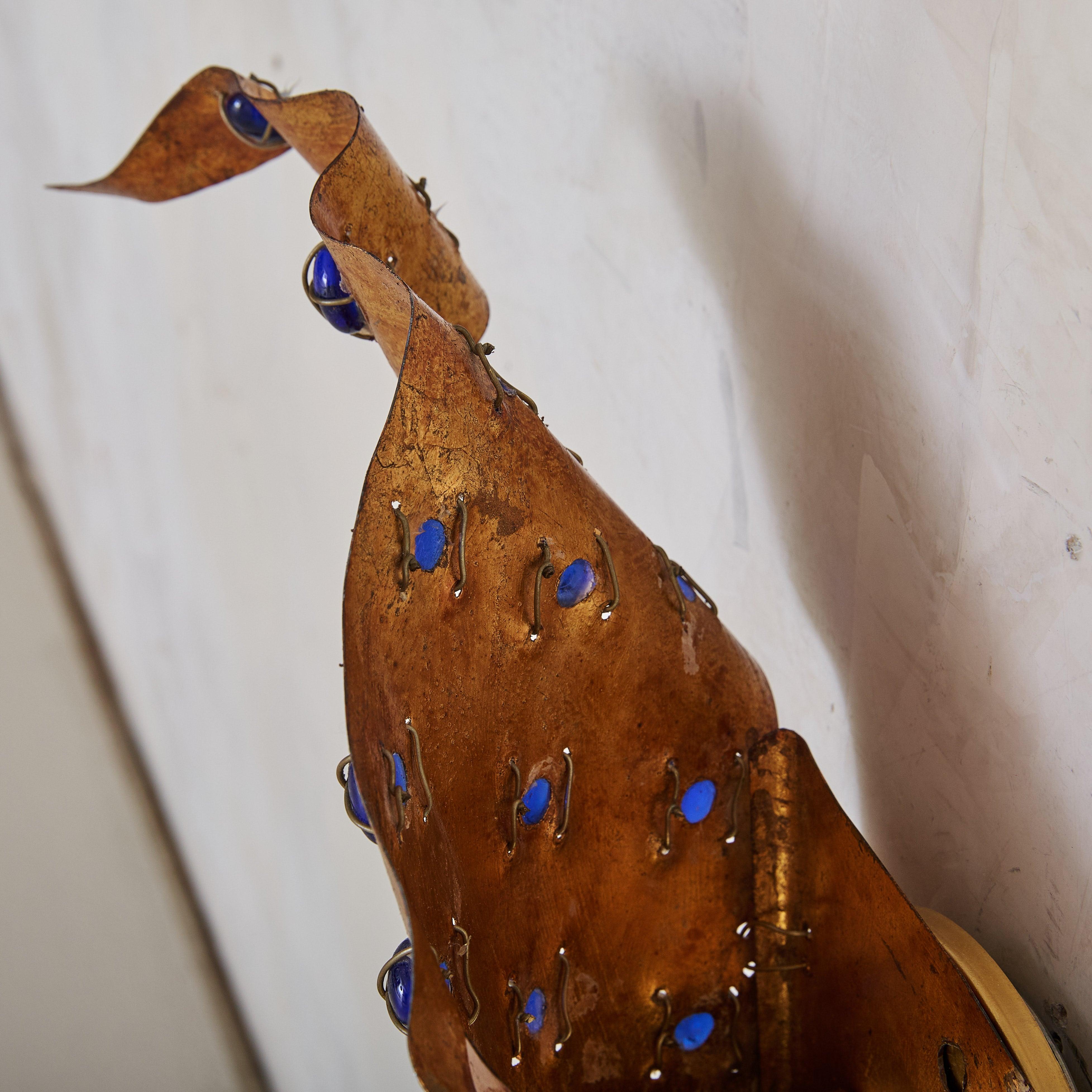 Metal French Brushed Gold Conical Wall Sconces with Blue Glass Cabochons, 1970s For Sale