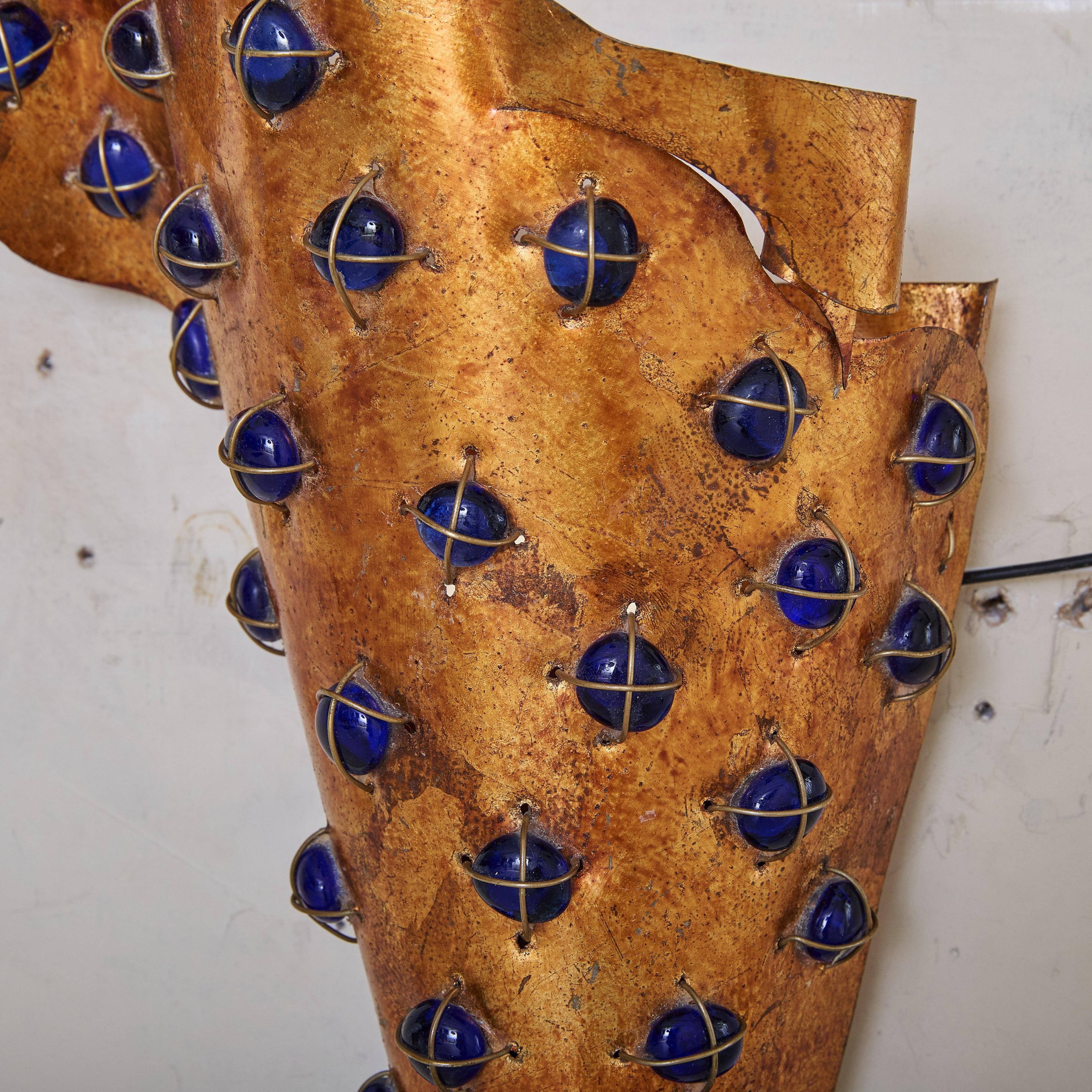 French Brushed Gold Conical Wall Sconces with Blue Glass Cabochons, 1970s For Sale 1