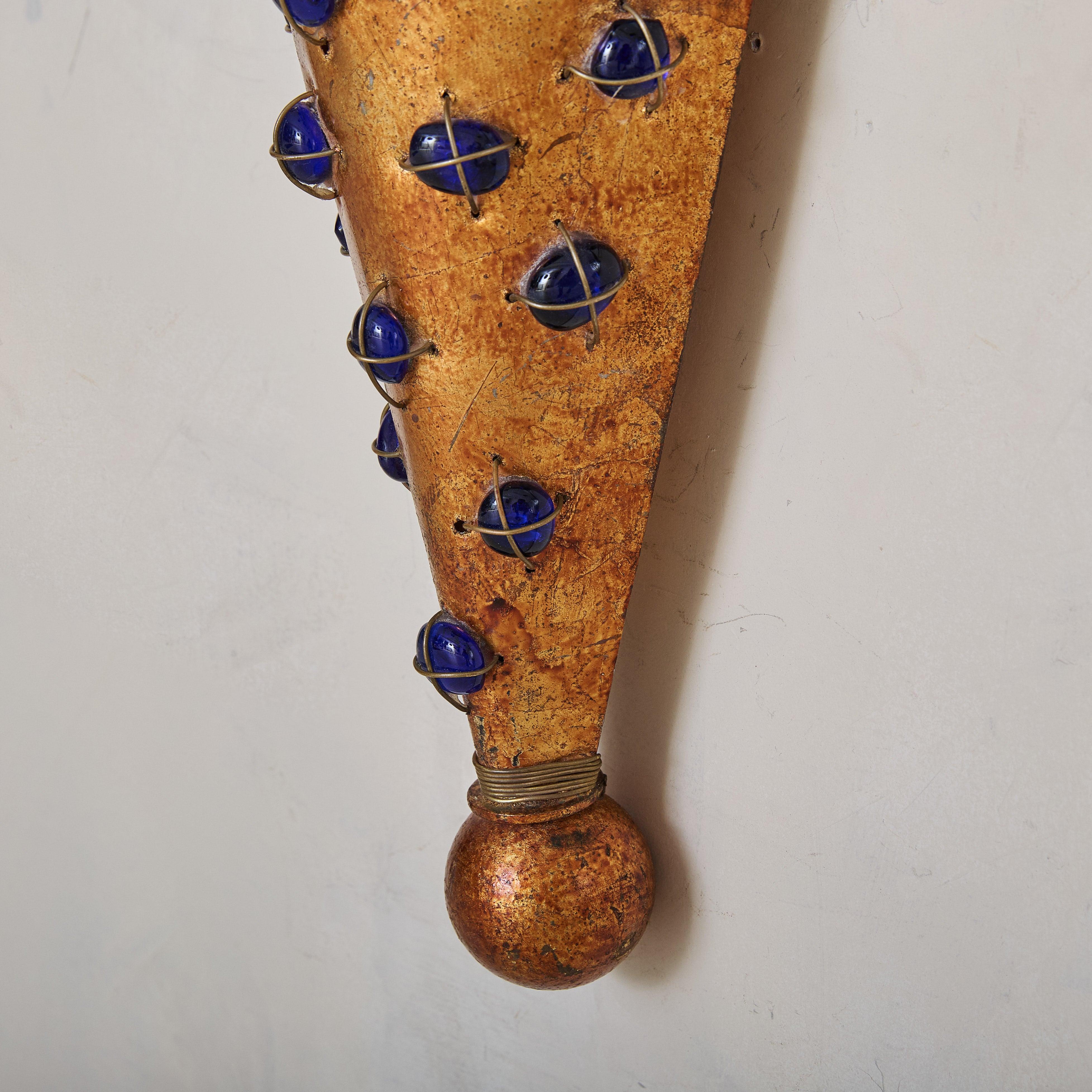 French Brushed Gold Conical Wall Sconces with Blue Glass Cabochons, 1970s For Sale 2